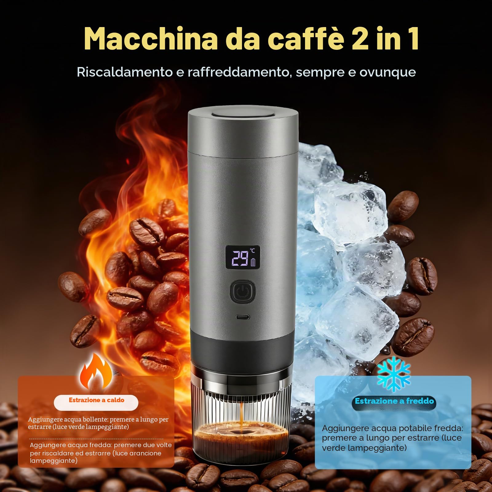 Macchina da caffè 3-in-1 portatile con batteria – 20 bar, estrazione a freddo/caldo, compatibile con capsule e caffè macinato, 7800 mAh USB-C, mini macchina da caffè per campeggio, auto, ufficio e