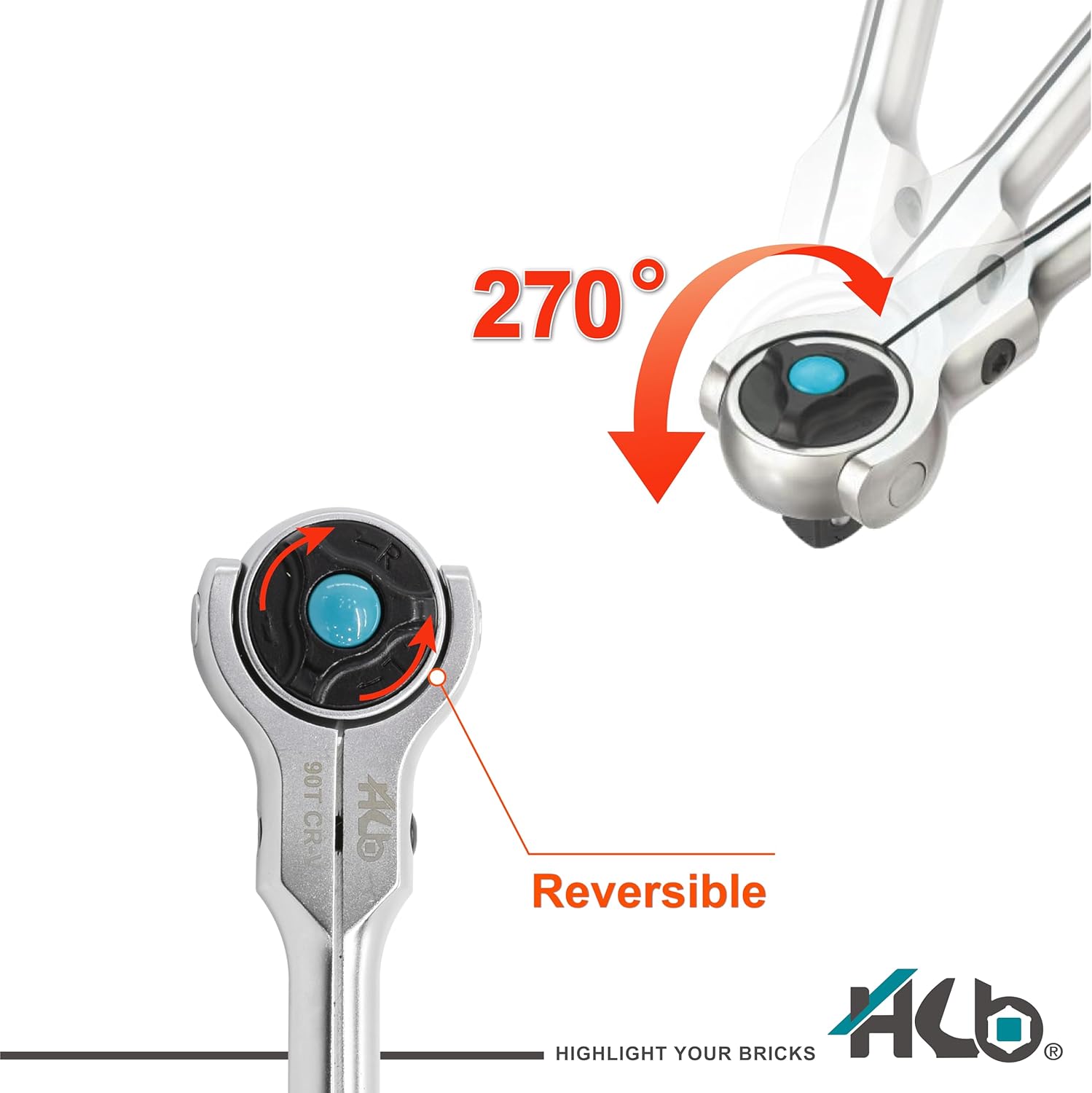 HB 3/8" Drive 90-Tooth Swivel Head Ratchet Handle AHA044-U | 270° Adjustable Aluminum Handle | 4° Arc Swing Quick Release & Reversible Disc | Micro Chrome Finish Chrome Vanadium Steel Made in Taiwan