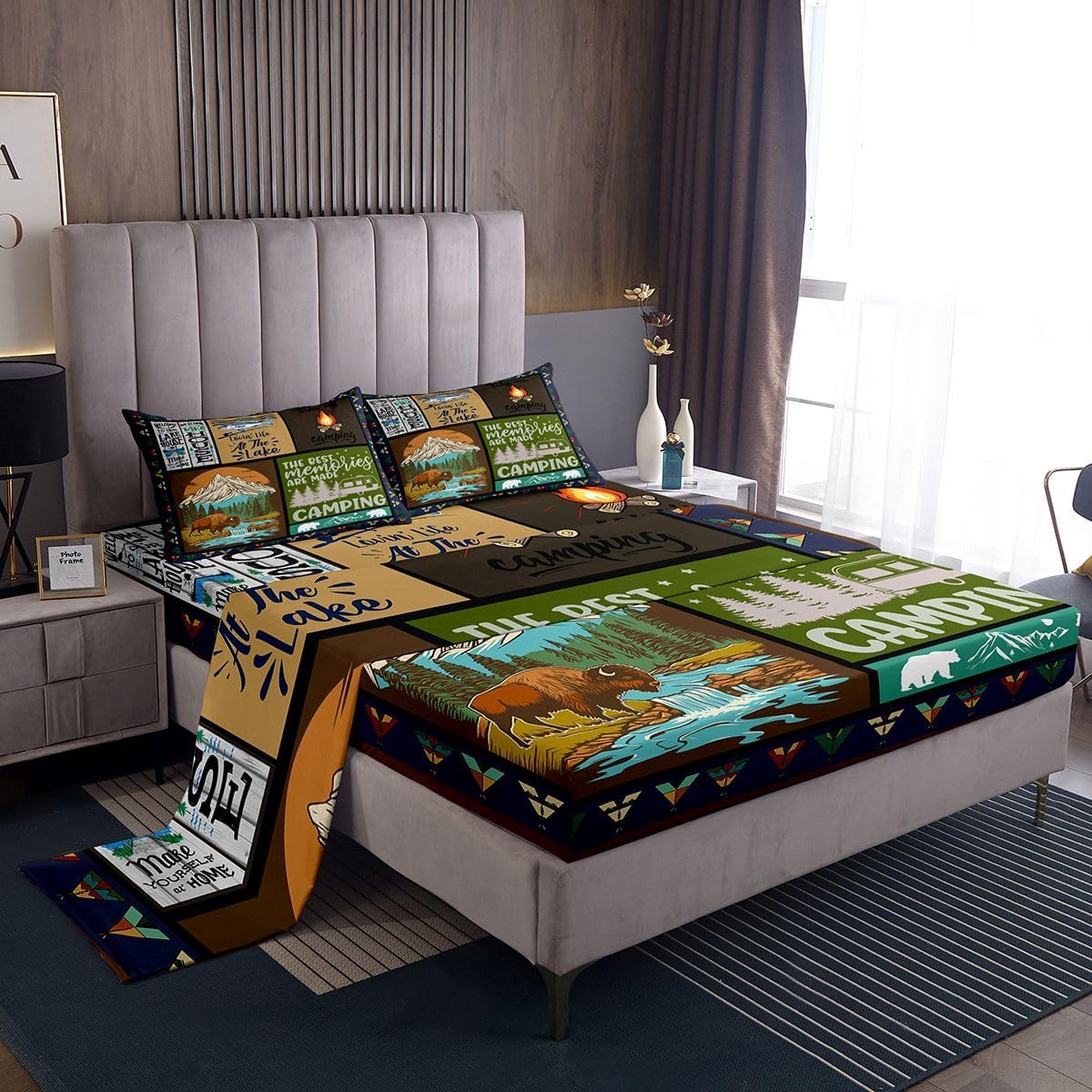 Camper Accessories Sheets, Happy Camping Bed Sheets Set, Bear Bull Hunting Theme Top Sheet, Rustic Farmhouse Woodland Camping Bedding Set, Lake House Decor for The Home Cabin Decor, Queen 4Pcs