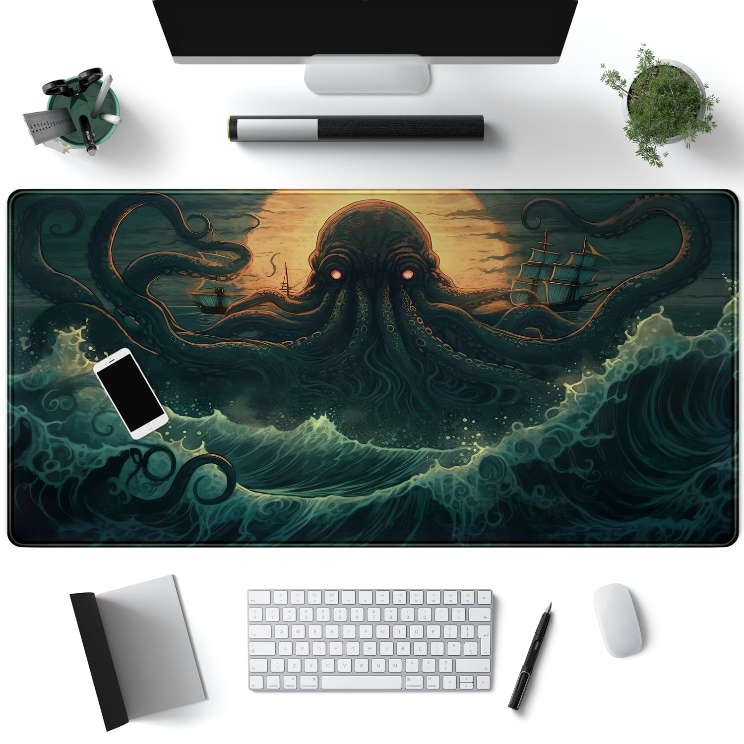Octopus Anime Desk Pad Ocean Large Mouse Pad Gaming, Extended Kanagawa Desk Mat Pad XL Mousepad 31.5" X 15.7 ", with Anti-Slip Desk Keyboard Stitched Edges Long Computer Keyboard Mat
