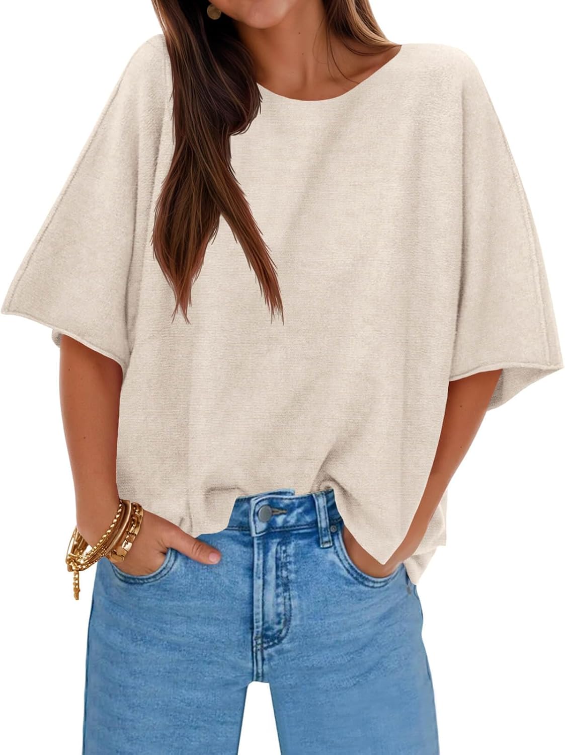 Cicy Bell Womens Half Sleeve Sweaters Oversized Boat Neck Knitted Pullover Sweater Trendy Casual Loose Fit Fall Tops