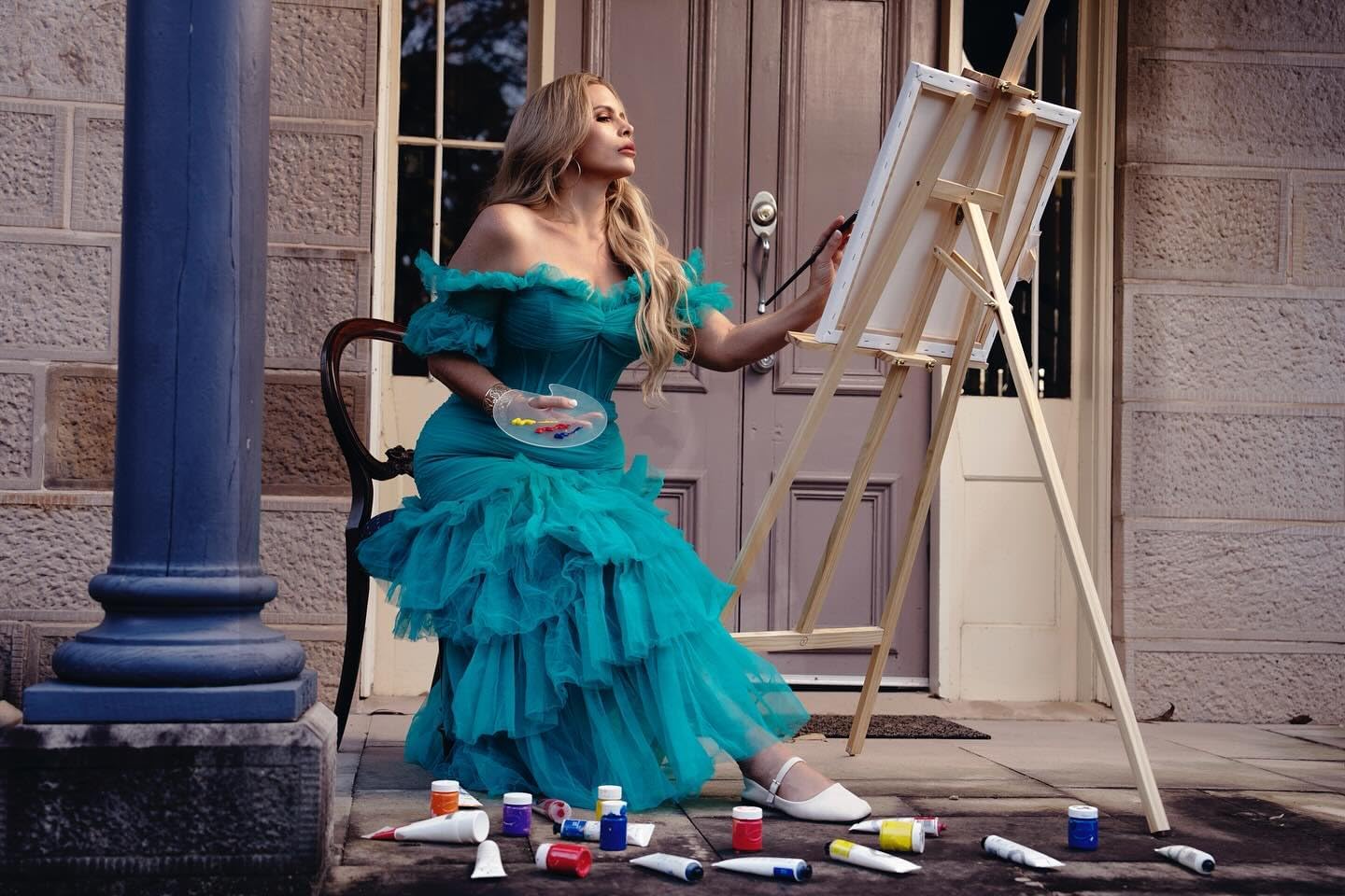 ForElise Off Shoulder Tulle Prom Dresses for Women Tiered Mermaid Long Formal Evening Gown with Slit