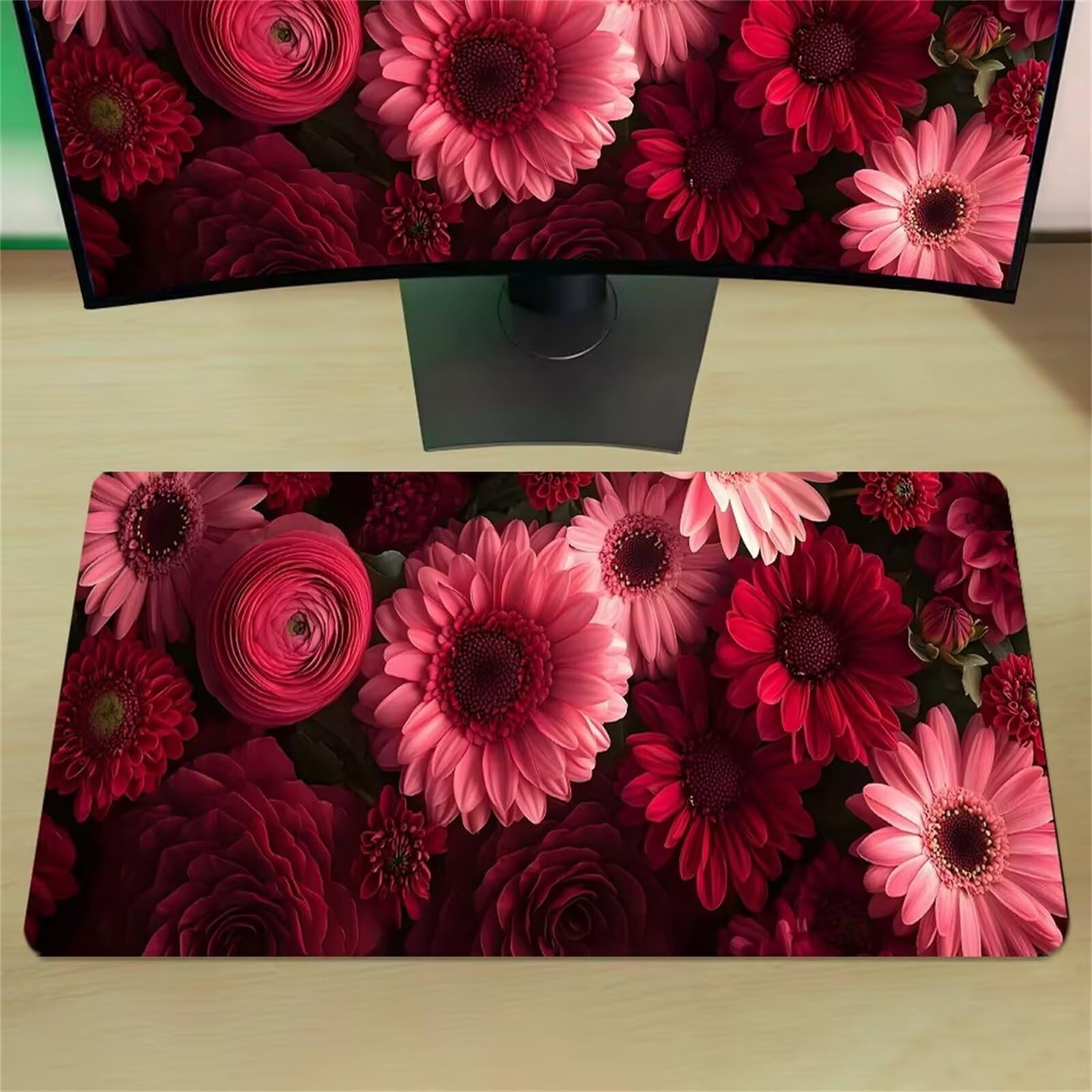 Tapis de Souris XXL Gaming 800 x 400 x 3mm, Grand Mouse Pad Fleurs Marguerite Roses, Tapis de Bureau Antidérapant avec Bords Cousus pour Clavier, PC et Maison