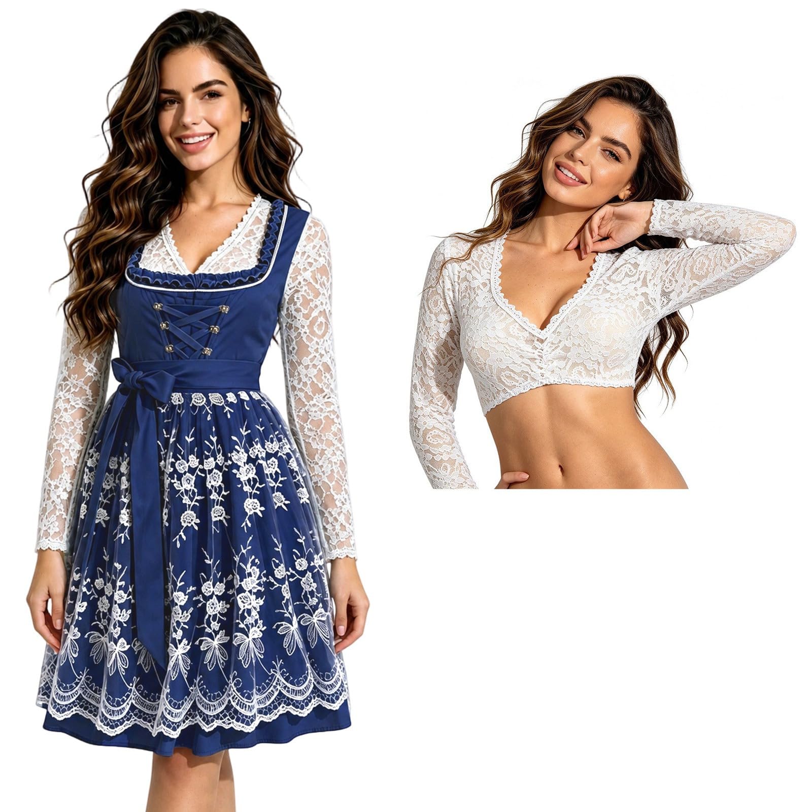 Dirndl Damen Midi Set 3 Teilig Oktoberfest Outfit Dirndlkleid inkl. Trachtenkleid Dirndlbluse Dirndlschürze Elegant Schlicht Spitze Trachten Kleid für Karneval Volksfeste