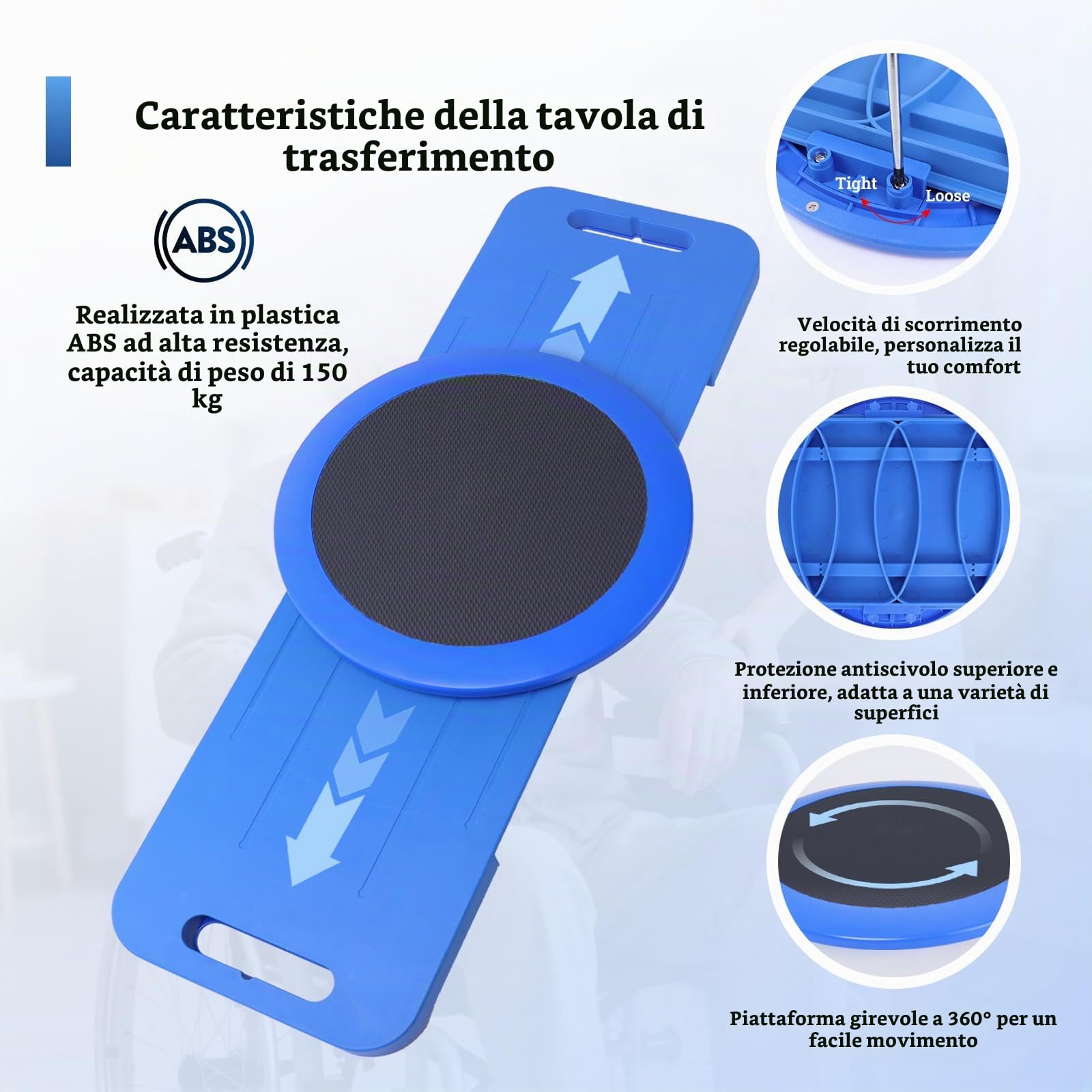 LOSCHEN Tavola di trasferimento da 75 cm con piastra girevole a 360°, tavola di trasferimento per anziani, trasferimento dalla sedia a rotelle al letto, alla toilette, alla vasca da bagno, all'auto