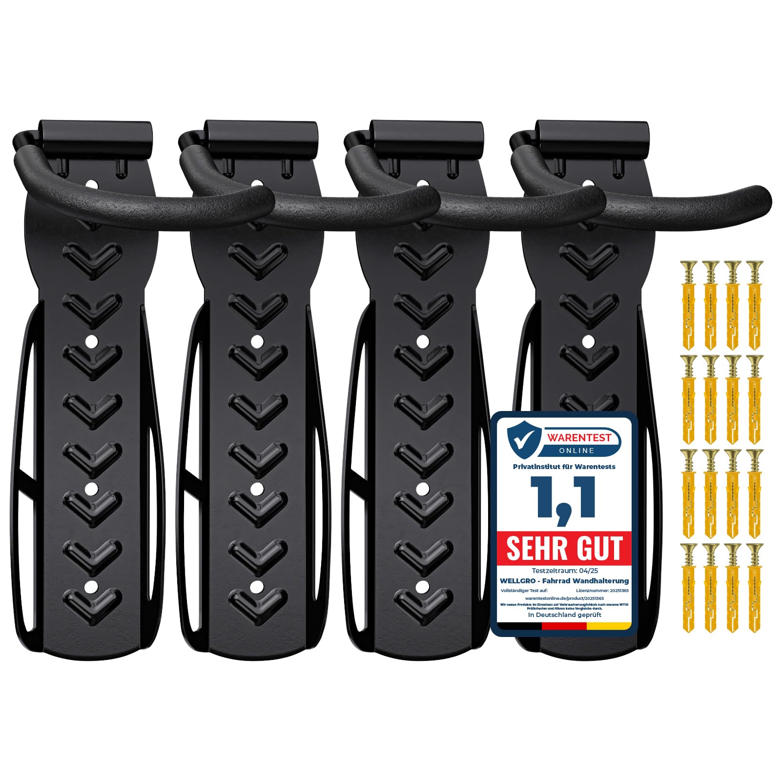 4 x WELLGRO Wand Fahrradhalter - Stahl Fahrrad Wandhalterung - Fahrrad Haken - Fahrradständer - Ständer - Farbe wählbar, Farbe:Schwarz