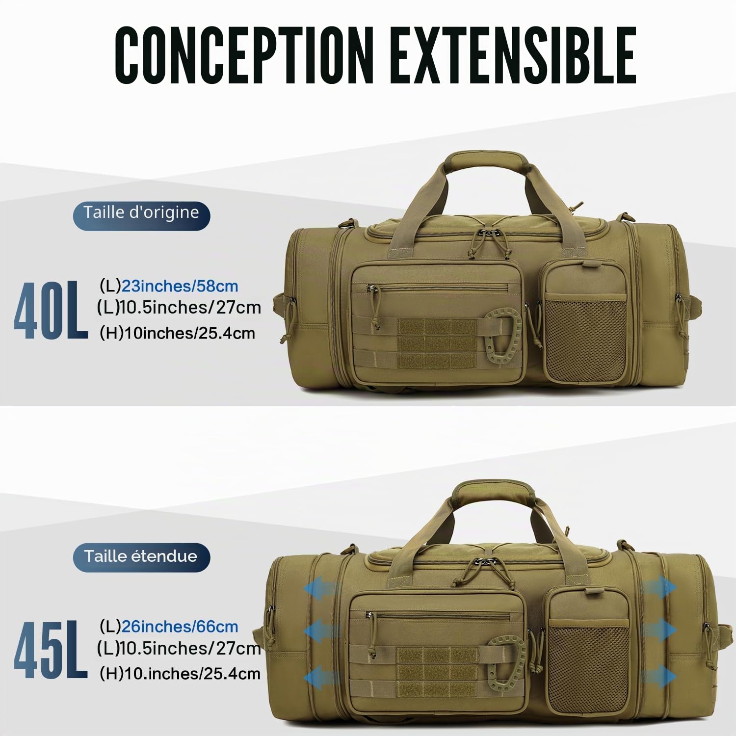 Sac de Sport Tactique pour Homme 40-45L Extensible Sac Fitness avec Bretelles et Compartiment à Chaussures 3 en 1 Sac de Voyage Militaire pour Natation Gym Camping Marron