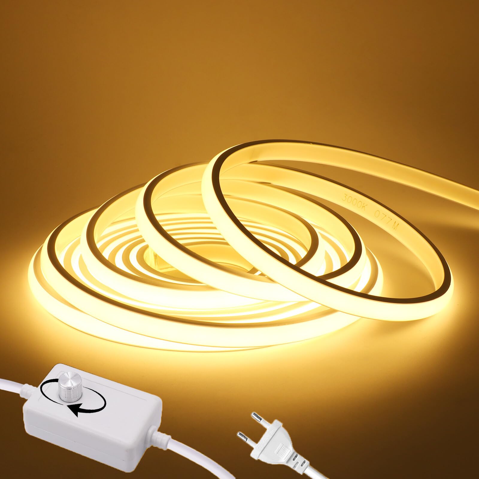 220V Regulable Tira LED COB [10M, Blanco cálido 3000-3500K], IP65 Impermeable Flexible, 288 LEDs/M Cortable Tira LED de Neón FCOB CRI85+, Decoración para Hogar/Tienda