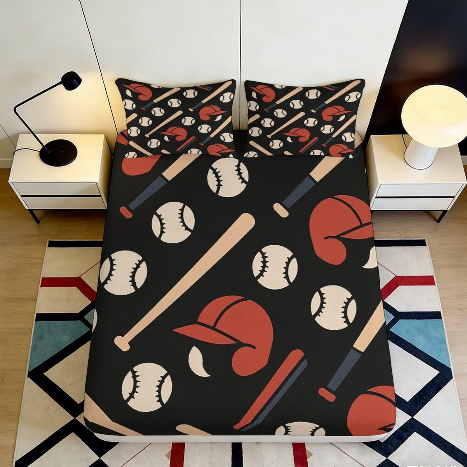 3D Printed Baseball Pattern Fitted Sheet Microfiber Soft Durable Black Bed Cover with Bat and Cap Design Mattress Cover for Bedroom Dormitory Guest Room 180x200x25cm