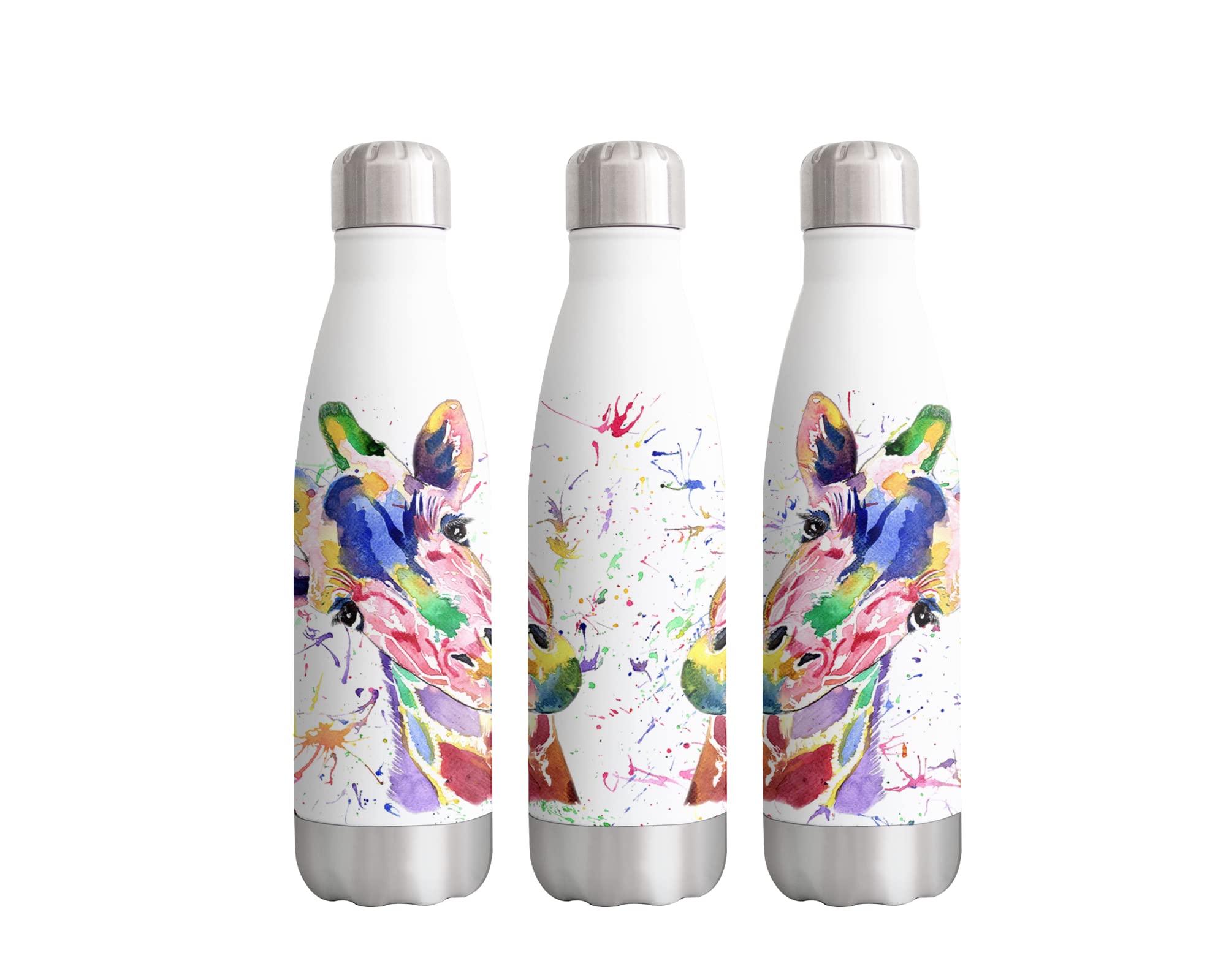 Vixar Giraffe Animals Watercolour rainbow art Bottle double Wall insulated Stainless steel sport Drinks 500ml WHITE Gift ideal for school work office Oudoor sports keeps Hot and Cold Drinks