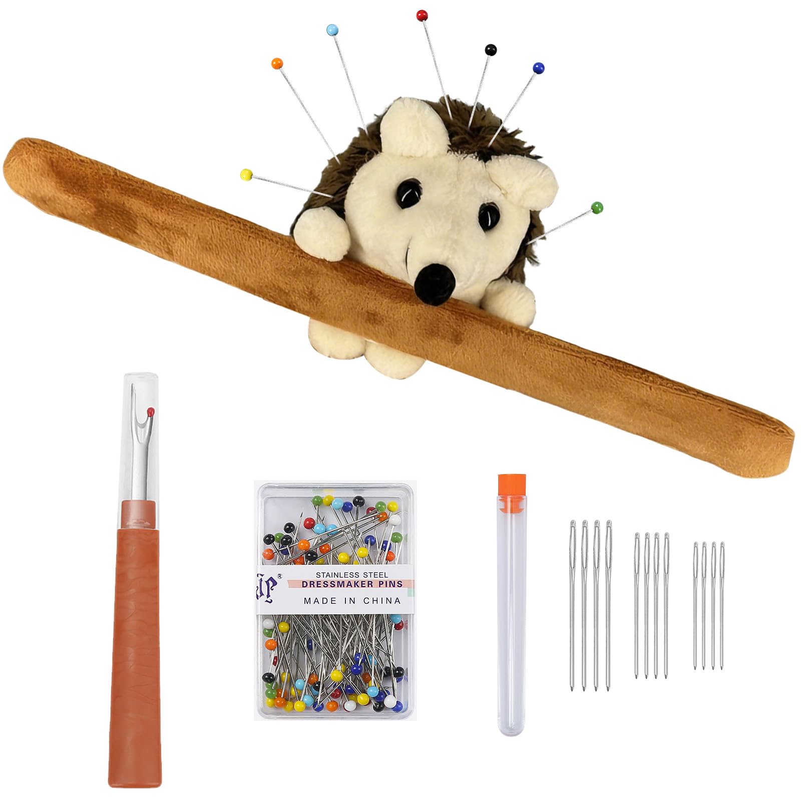 COGVOHY Hedgehog Shape Wrist Pin Cushion for Sewing, Pincushions Sewing Kit Accessories Supplies 100 Ballhead Pins, 12 Sewing Needles and 1 Seam Ripper, Snap Bracelet Wrist Bands Pincushion Organizer