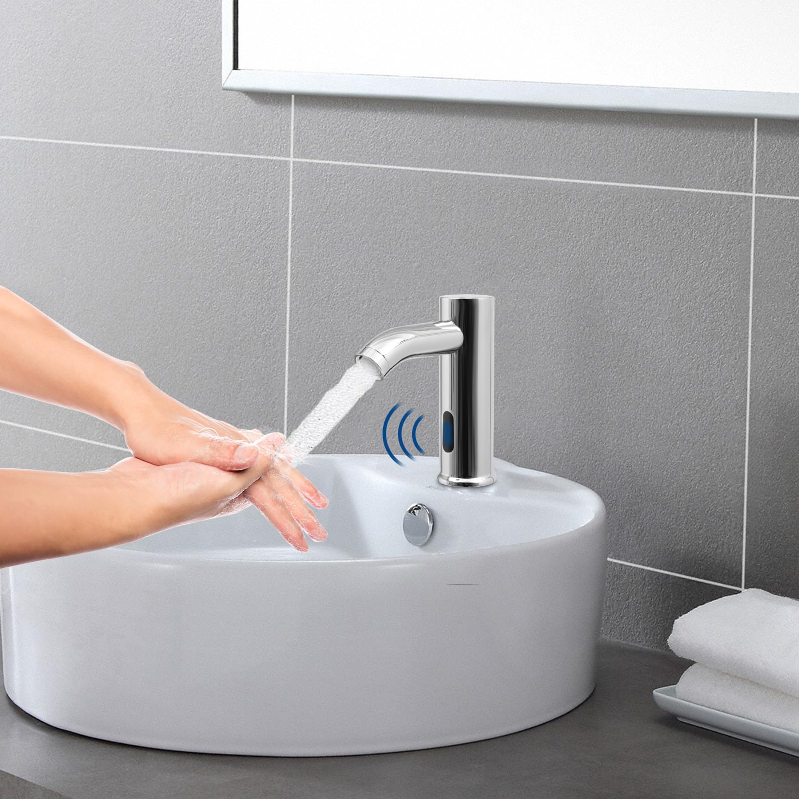 Rubinetto senza contatto,Rubinetto del sensore,Rubinetto automatico lavabo lavabo miscelatore argento,Tubi lunghi,Copertura decorativa,per case, ristoranti, centri commerciali