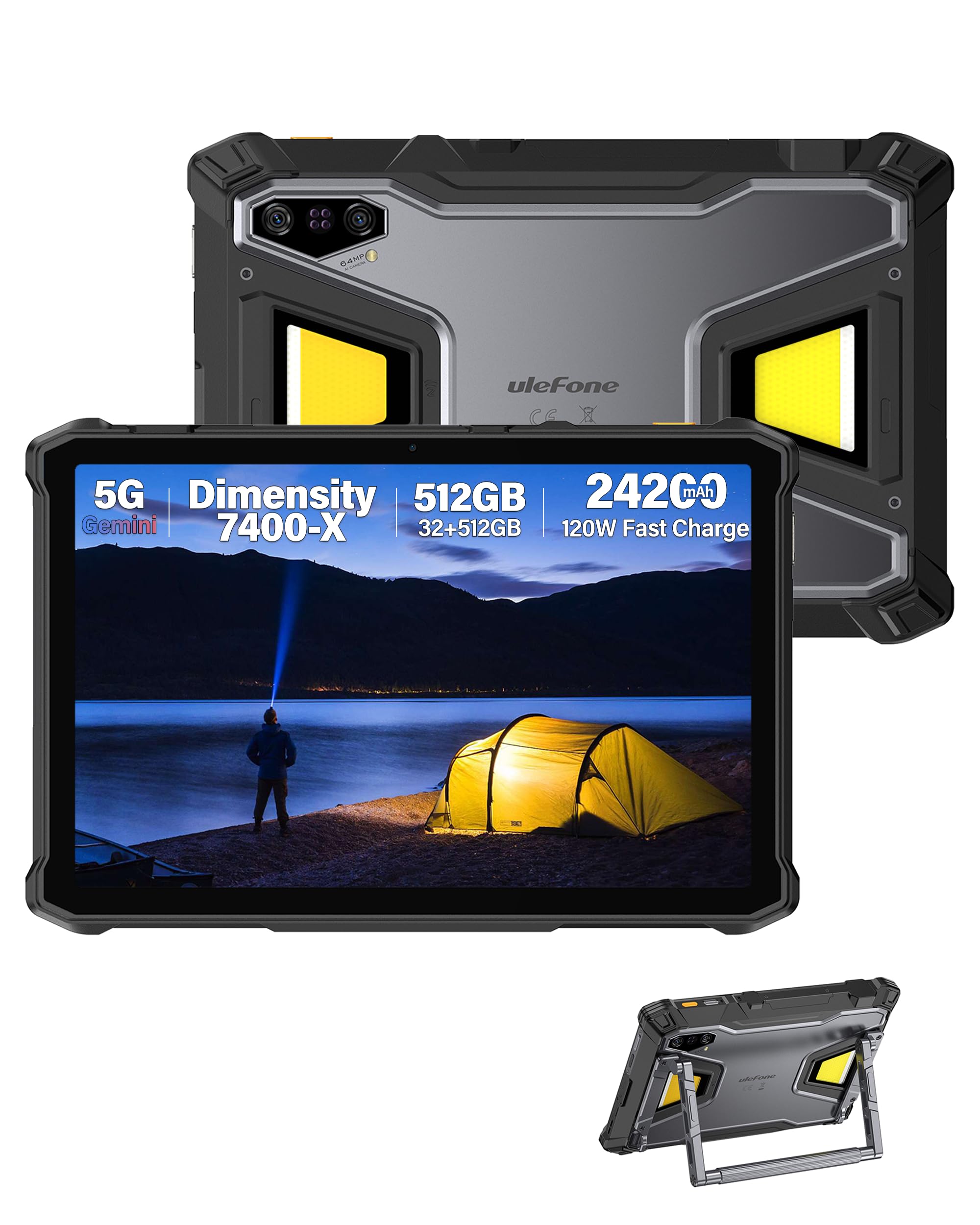 Ulefone Armor Pad 5 Pro 5G Outdoor Tablet 5G Mit 24200mAh Akku, Android 15, Dimensity 7400X, 32GB+512GB Robustes Tablet 11 Zoll FHD+ 1000 Lumen LED, 64MP Nachtsicht, IP68 Wasserdicht Stoßfest, NFC/GPS