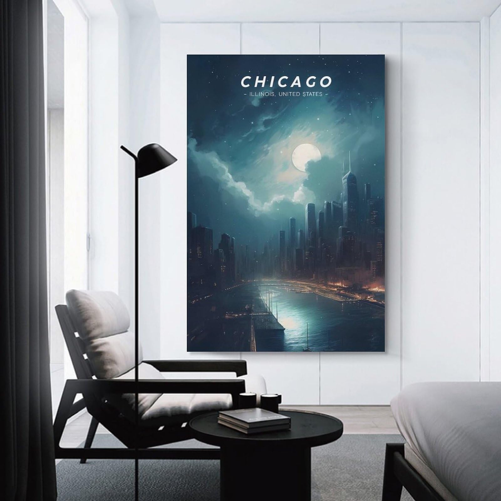 Junmoney Chicago Urban Skyline Canvas Wall Decor 24x36inch(60x90cm), for Calm Bedrooms, Home Corners Or Flats, A Warm Accent for Relaxed Interiors