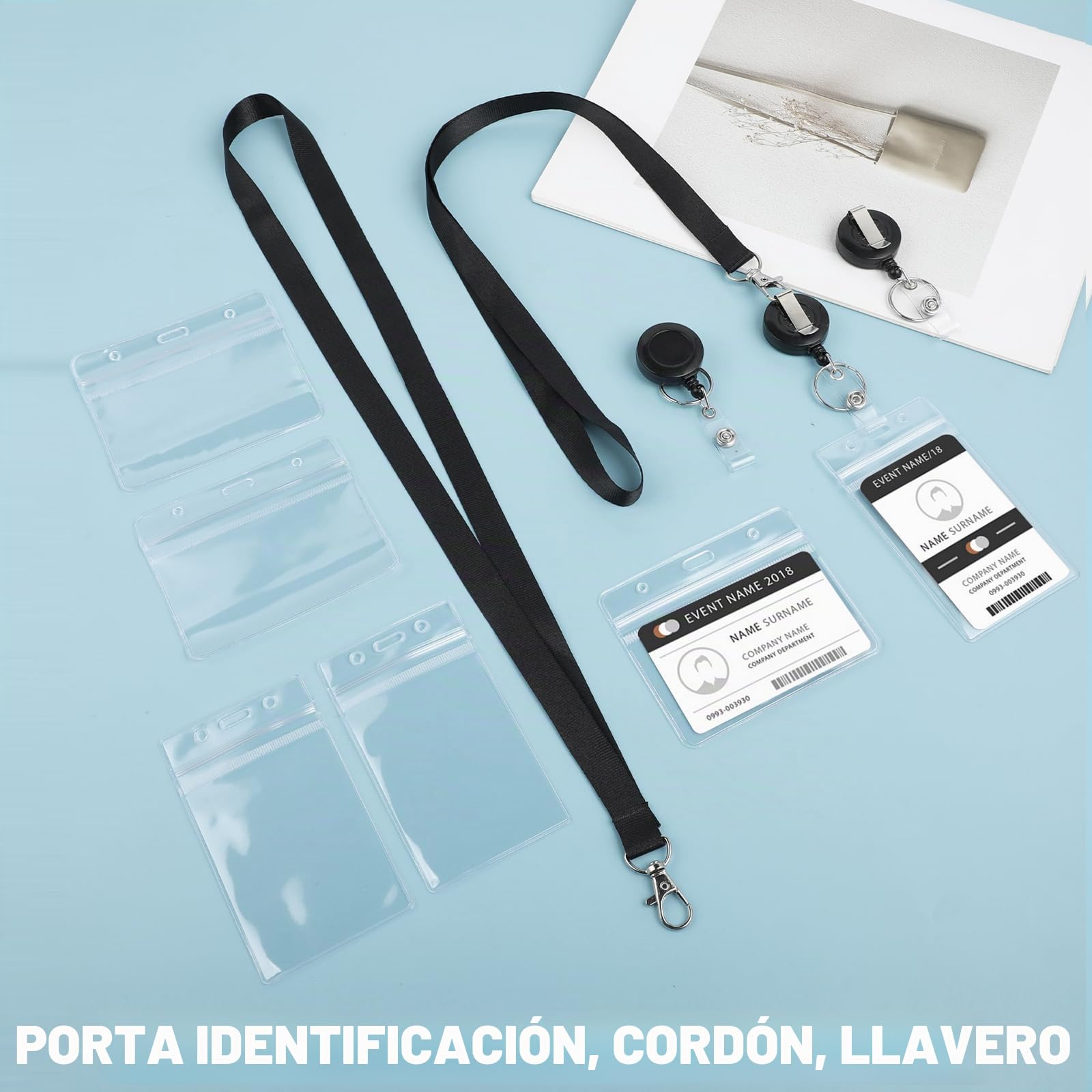 4 Sets Portatarjetas Colgante con Lanyard y Enrollable – Porta Tarjetas Identificación Transparente Impermeable para DNI, Tarjetas de Transporte, Oficina y Escuela