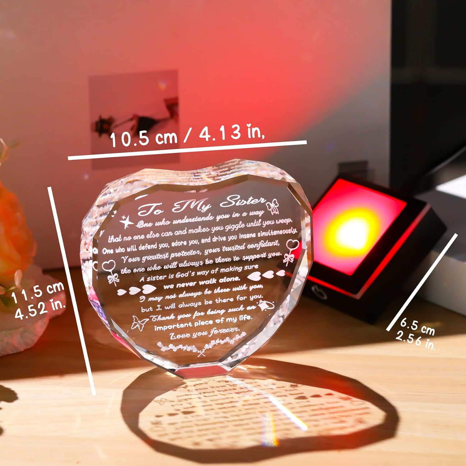 Sister Birthday Gifts Crystal Heart Keepsake with LED Light Base Sister Gifts from Sister Brother Christmas Mother's Day Gifts for Sisters Women Meaningful Sister Gift - Image 4