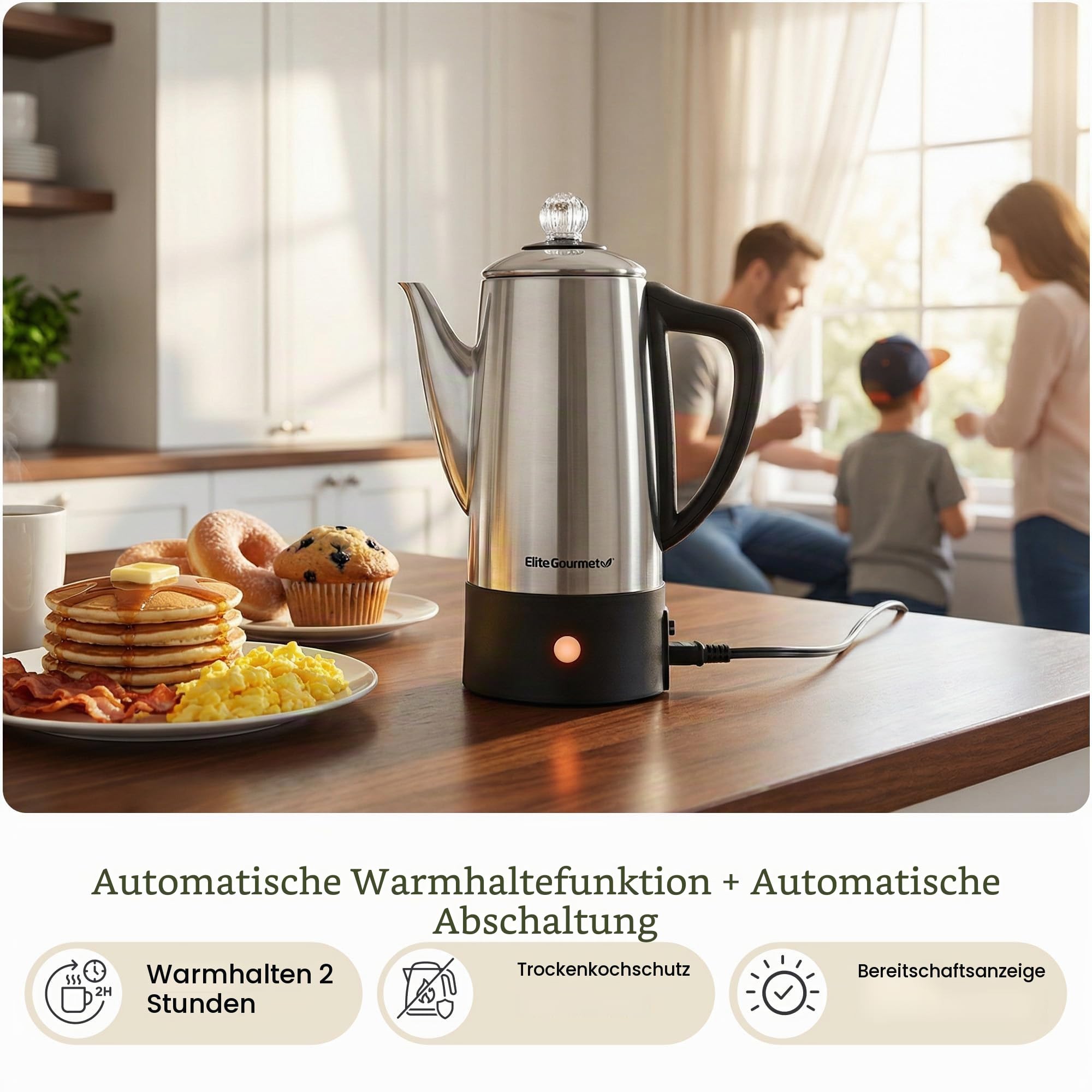Elite Gourmet EC140 Elektrischer Kaffee-Perkolator für 6 Tassen mit Warmhalten, durchsichtigem Braufortschrittsknopf, Cool-Touch-Griff, kabelloser Servieren, Edelstahl