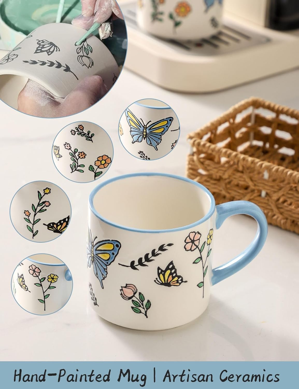 Ceramic Mug Set with Colorful Butterflies and Flowers, White and Blue Stackable Coffee Cups 15 oz, Large Porcelain Mugs for Latte, Cappuccino, Tea, Set of 4