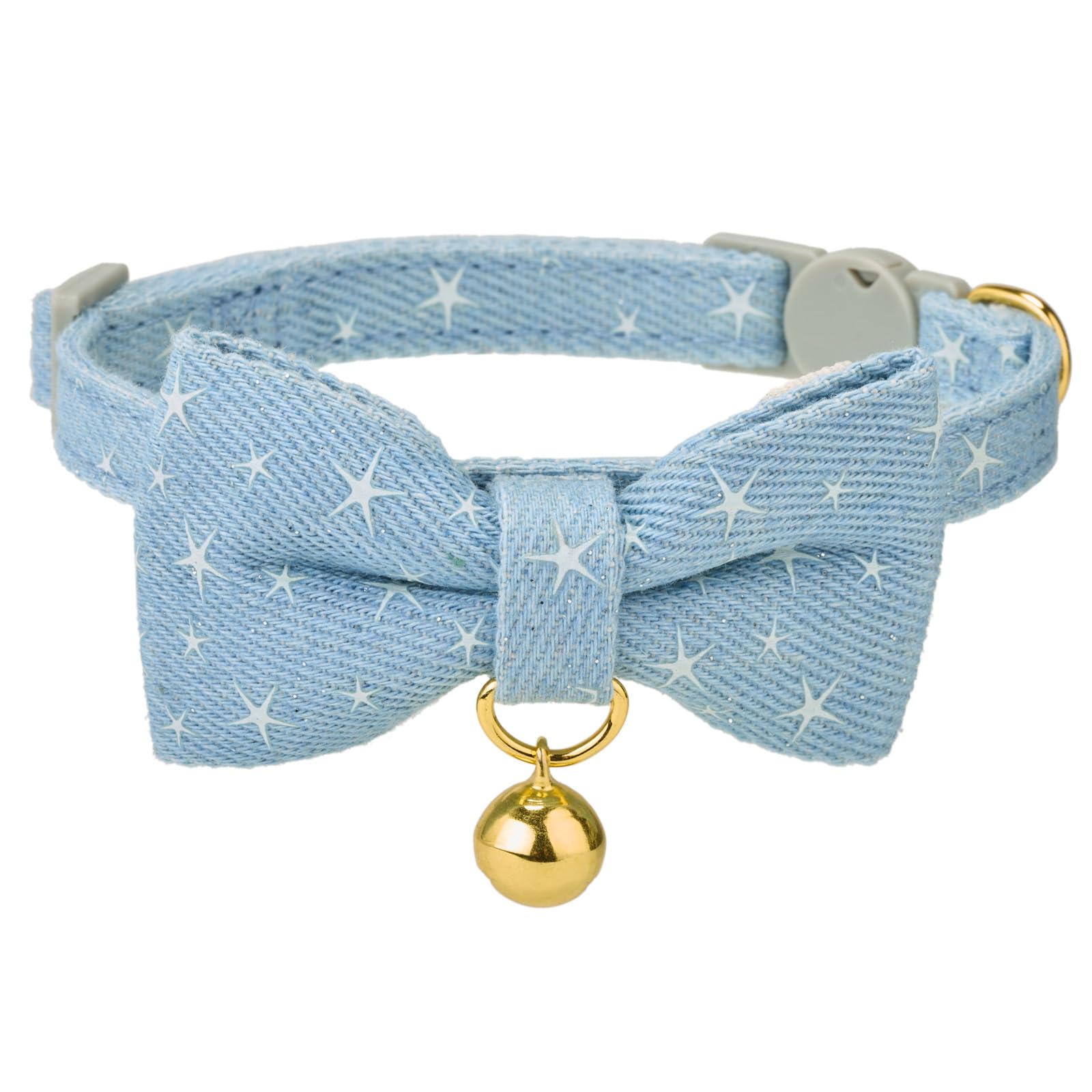 Petiry Glow in The Dark Cat Collar with Stars - Denim Breakaway Collar for Boy Cats, Adjustable Vintage Blue, Includes Bow Tie & Bellt,Pack of 1,Light Blue — image 1
