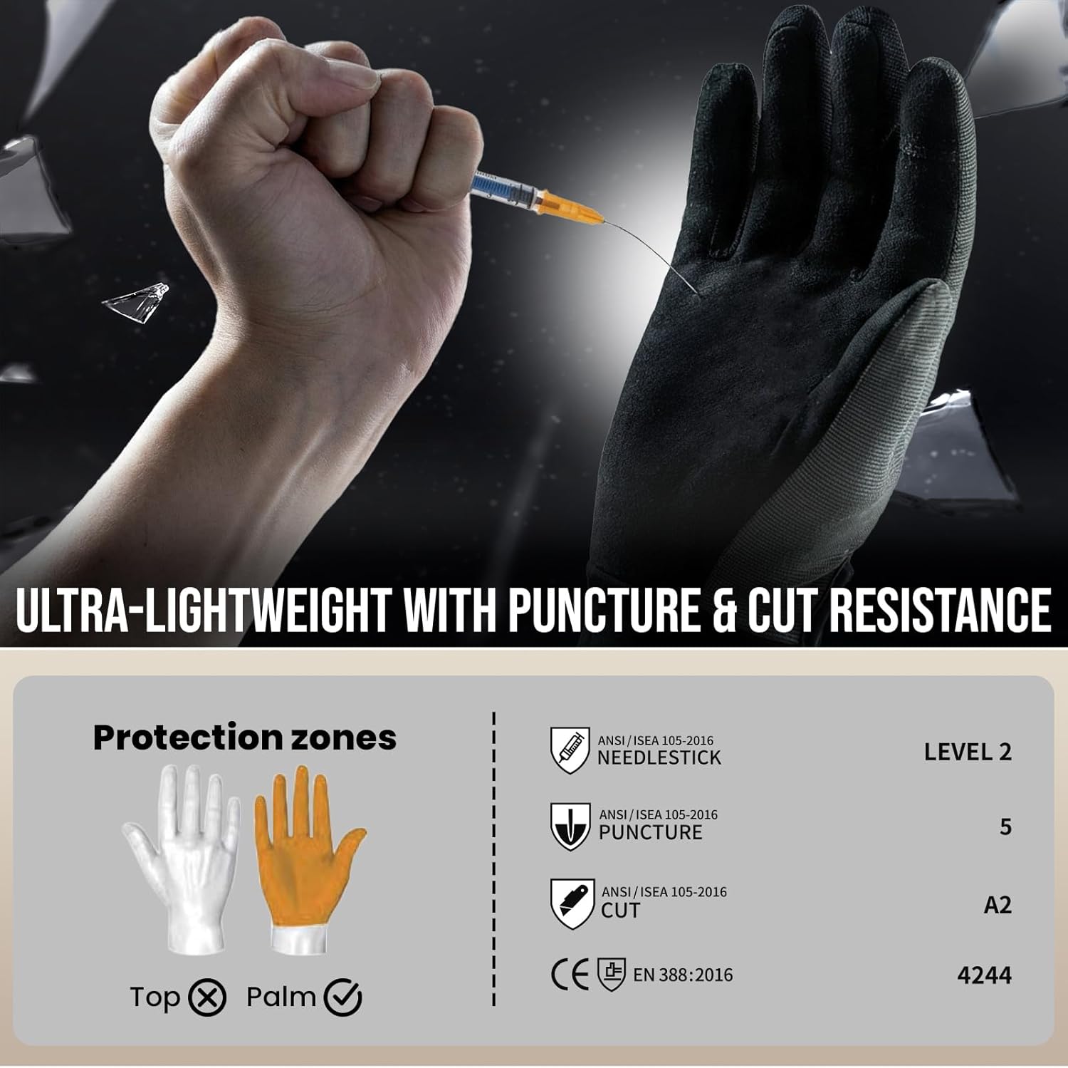 TAILI Level 2 Needlestick, Level 5 Puncture Resistant Work Gloves, Feather-Light Comfort, Grip Enhanced Cut Resistant Gloves for Gardening, Carving, Fishing, Breathable and Touchscreen Compatible, S