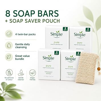 Simple Pure Soap 4 x Twin Packs Each Pack 2 Bars 100 G, Pure & Gentle Soap Bar for sensitive - Natural Cleansing for Soft and Healthy Skin, Total (8-Bars)