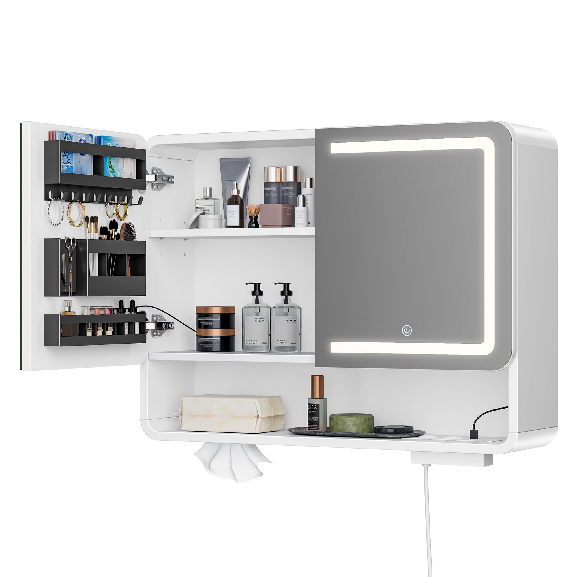 Gyfimoie Spiegelschrank Bad mit Beleuchtung LED, Badezimmer Spiegelschrank mit Steckdose, Badezimmerschrank Verstellbare Regale, Hängeschrank, Einlass für die Tissuebox, 80x60x16cm,