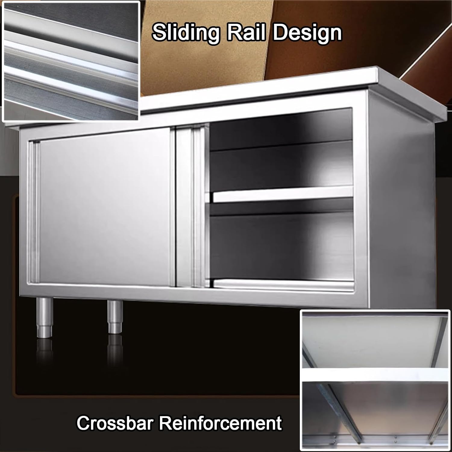 Stainless Steel Workbench with Sliding Doors Adjustable Legs Commercial Kitchen Work Table Reinforced Countertop Beams Folded Edge Design Suitable for Warehouses and Hotels