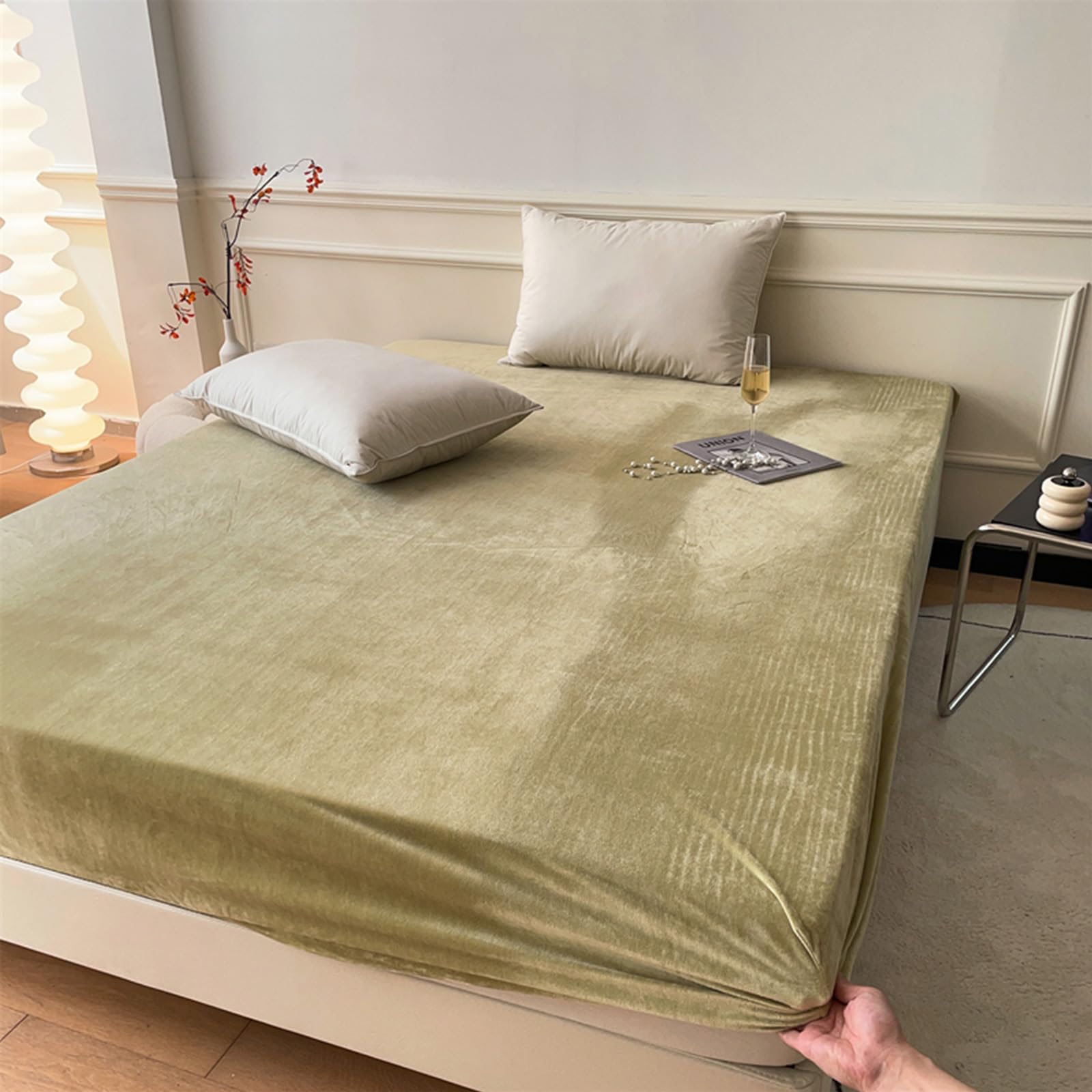 Drap housse en velours matcha 180x200 cm au toucher extra-doux pour matelas épais