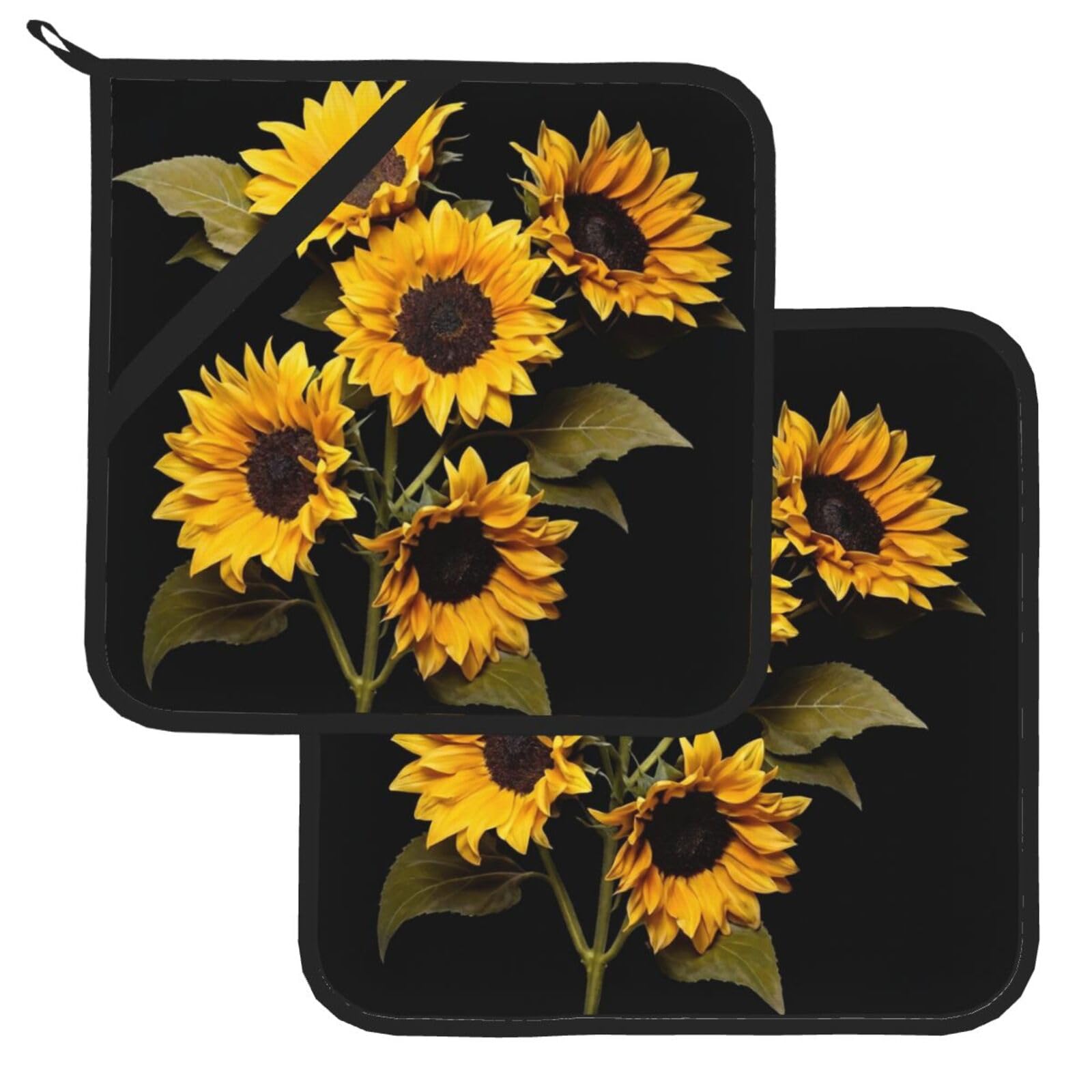 Pot Holder Set of 2 Heat Resistant Potholders Sunflower Black Background Pot Holders Non Slip Kitchen Trivets Cooking Hot Potholder Washable Oven Mitts Oven Hot Pads for Kitchen Baking BBQ
