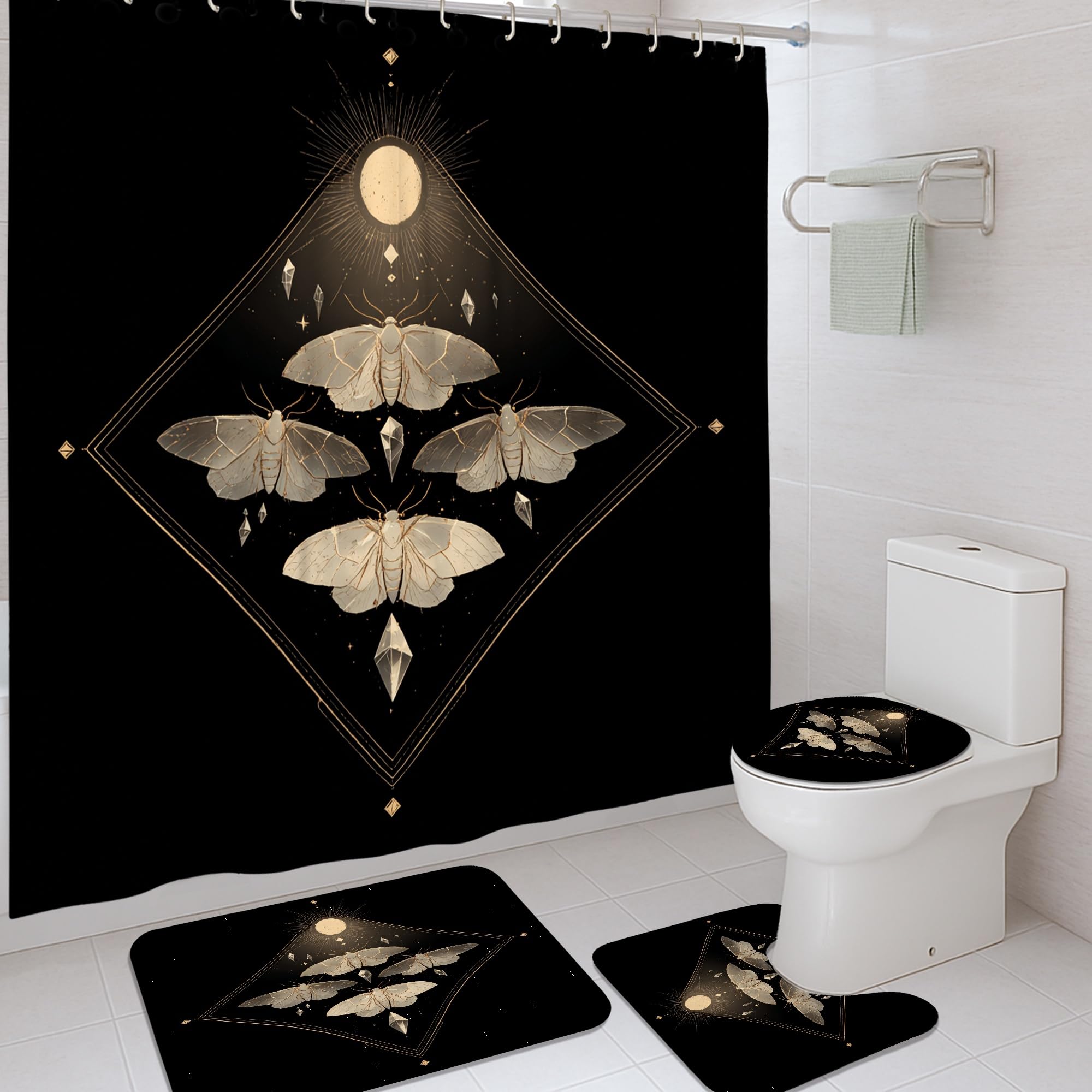 Rideau de douche noir papillon 183x183 avec crochets pour baignoire d'appartement