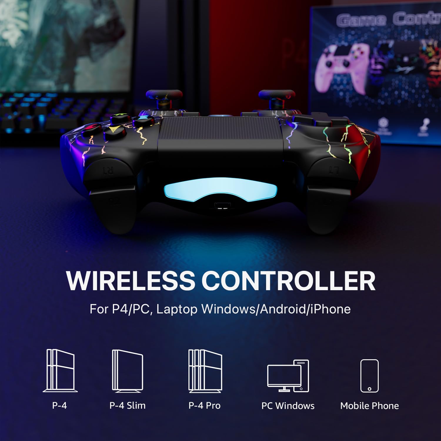 CHENGDAO 2er-Pack Kabelloser Controller für PS4, Multi-Plattform Controller kompatibel mit PS4/Pro/Slim/PC/iOS/Android/MacOS 3,5-mm-Audio-Buchse/empfindlichem Touchpad (Lila & Schwarz)