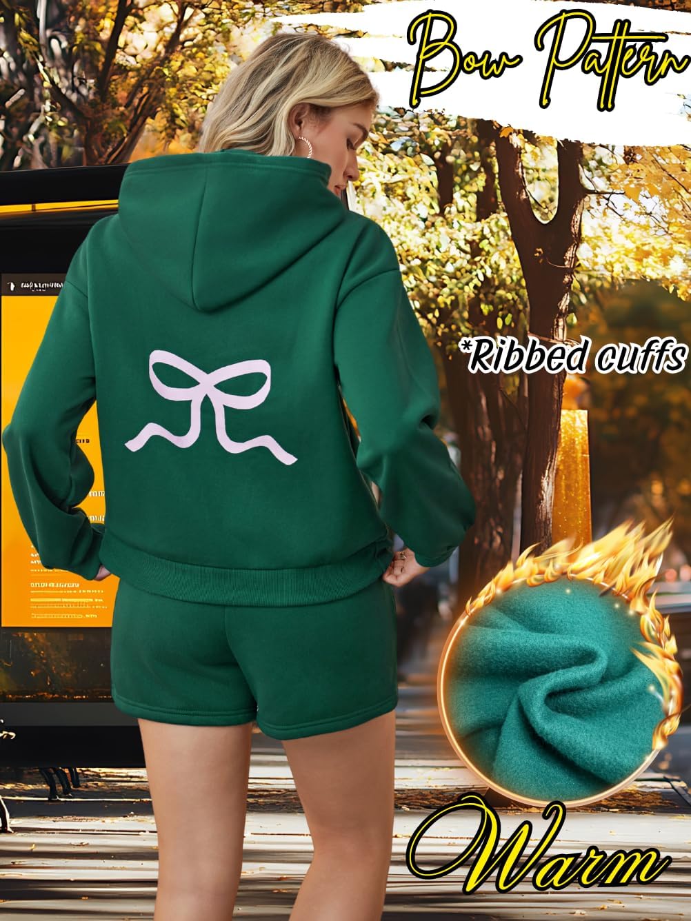 Women's Bow Print Matching Lounge Set, Loose Fleece-Lined Hoodie & Shorts with Pockets, Winter Comfy 2 Piece Sets - Image 3