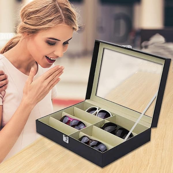 KingSaid Caja Organizadora de Gafas con Tapa de Cristal y Cajones – Estuche Expositor de Gafas de Sol y Joyas, Cuero Sintético Premium, Gran Capacidad, para Hombre y Mujer (Una planta) - 5