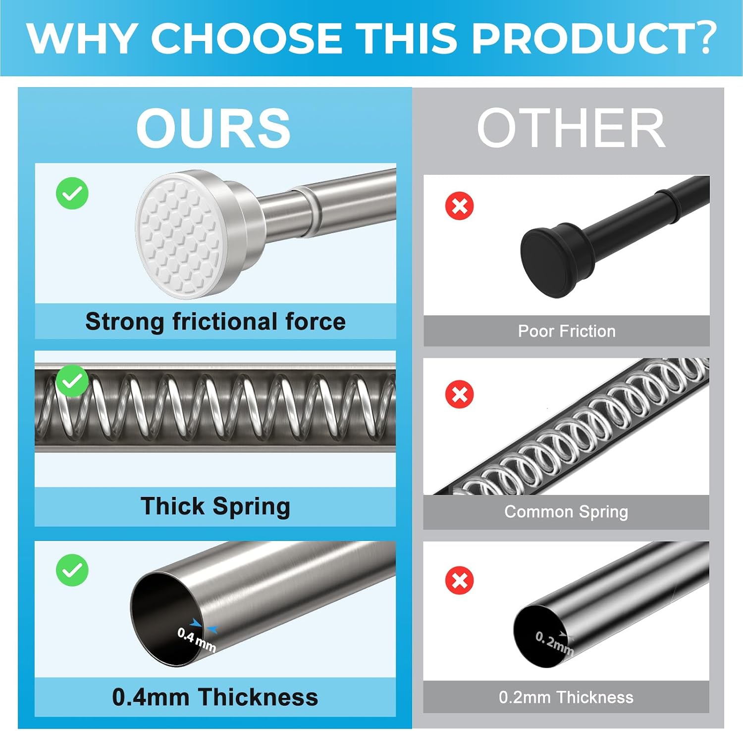 Brushed Nickel Shower Curtain Rods 30–77Inch, Tension Curtain Rod No Drill