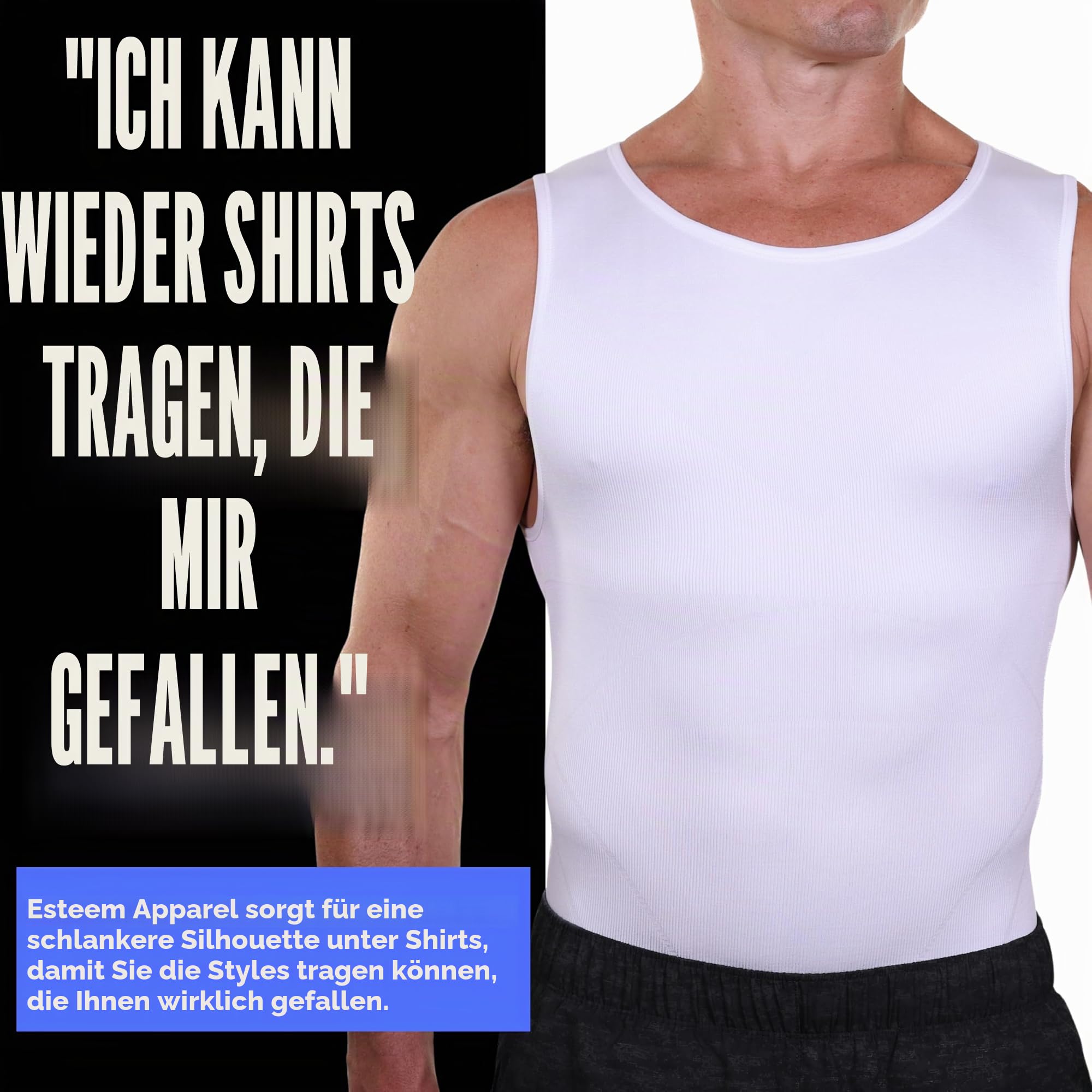 Esteem Apparel EliteSlim Kompressionsshirt für Herren, zum Verstecken von Gynäkomastie, Moobs, Bauchmuskeln, Brust, Bauch, schlankmachend, Shapewear (Weiß