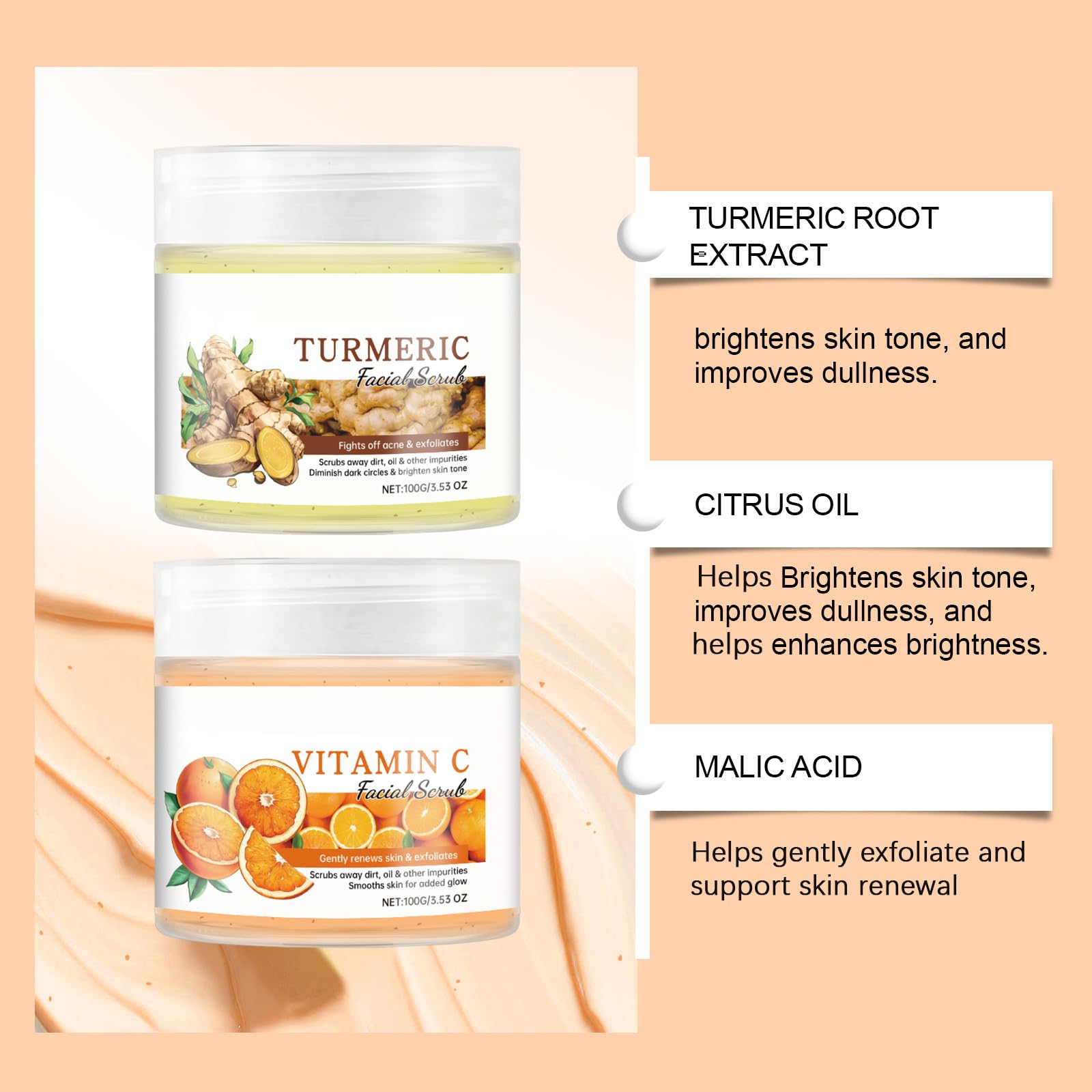 Exfoliante facial con vitamina C y cúrcuma, exfoliante de cúrcuma para el rostro, exfoliante facial blanqueador con vitamina C, con sal marina, limpieza profunda de los poros de la suciedad, todo tipo