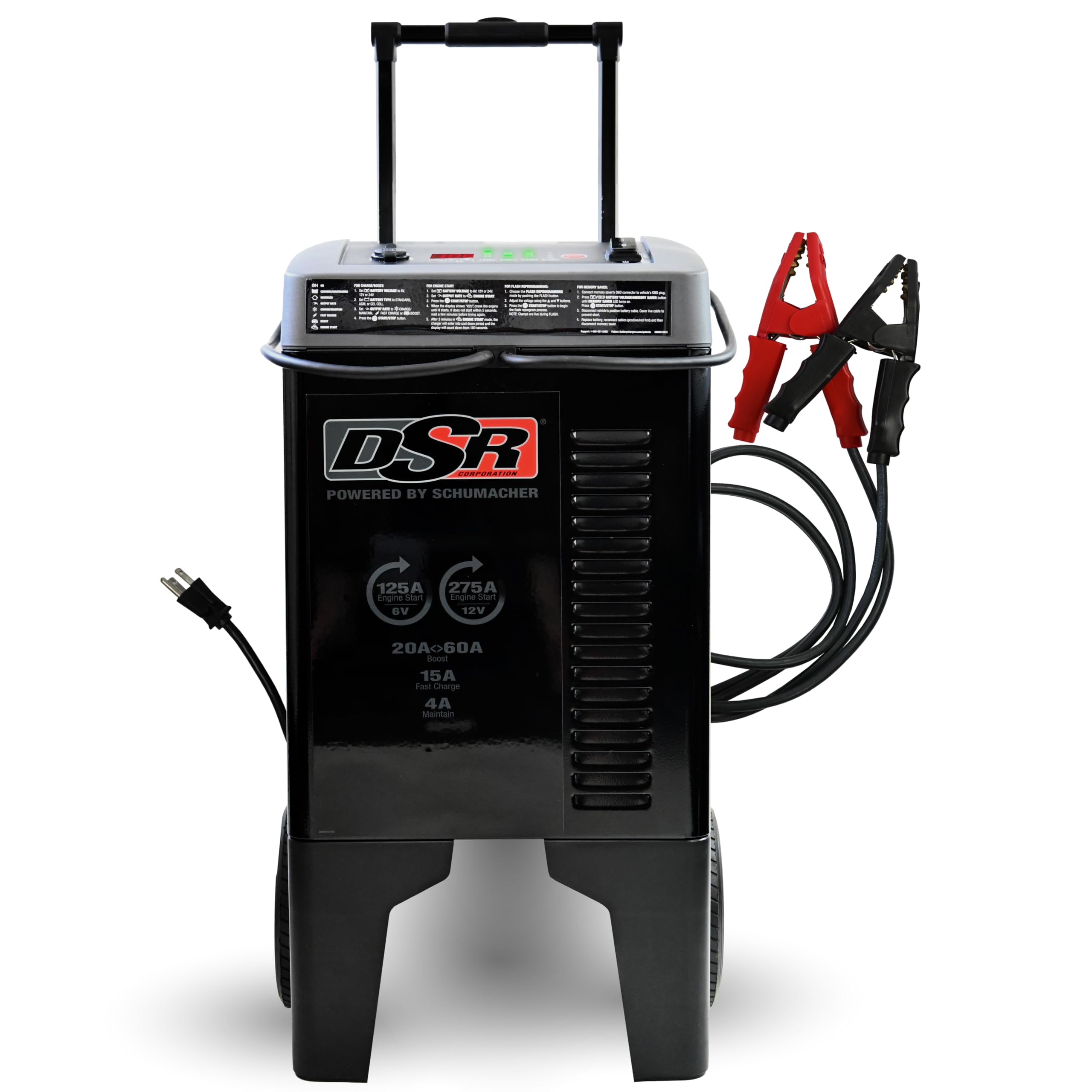 DSR Professional Grade Wheeled 15A Battery Charger and 275A Engine Starter, 8-in-1 Solution for 6V/12V Batteries, Power Supply, 60A Boost, DSR122, for Automotive Shop & Dealer Use