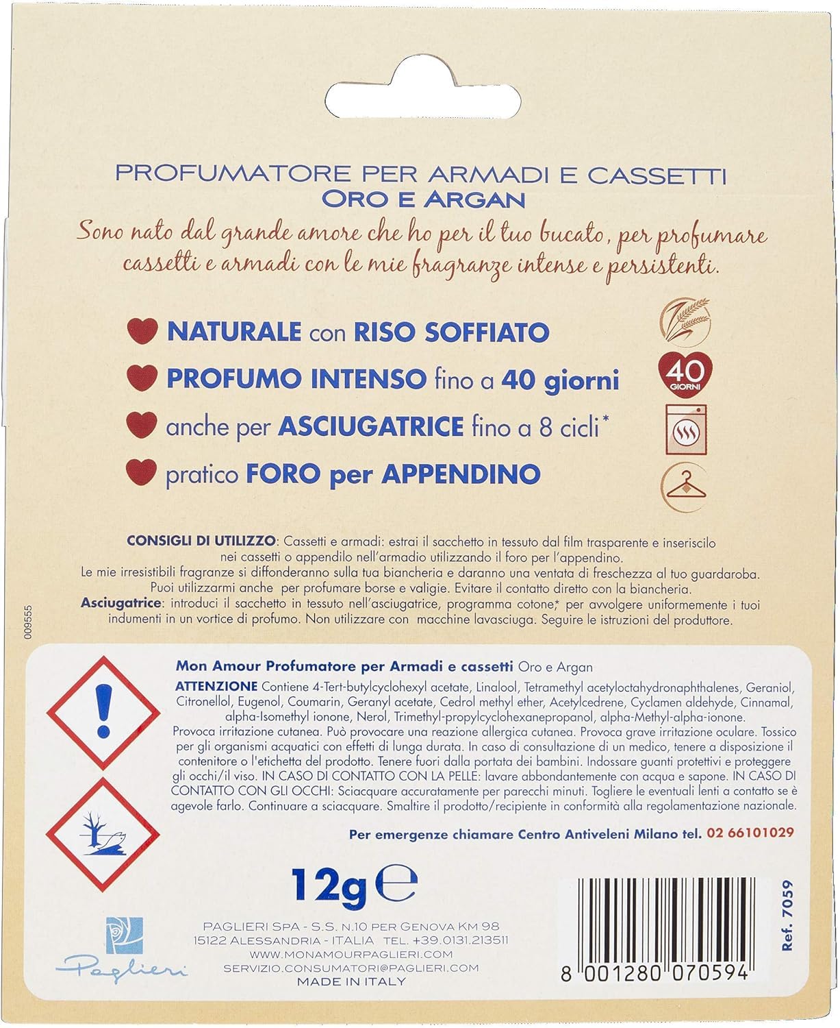 15 sacchetti profumati Paglieri Mon Amour Gold e Argan Profumati – Sacchetti profumati – Deodorante per ambienti di piccole dimensioni, 12 g + portachiavi Beni Culinari