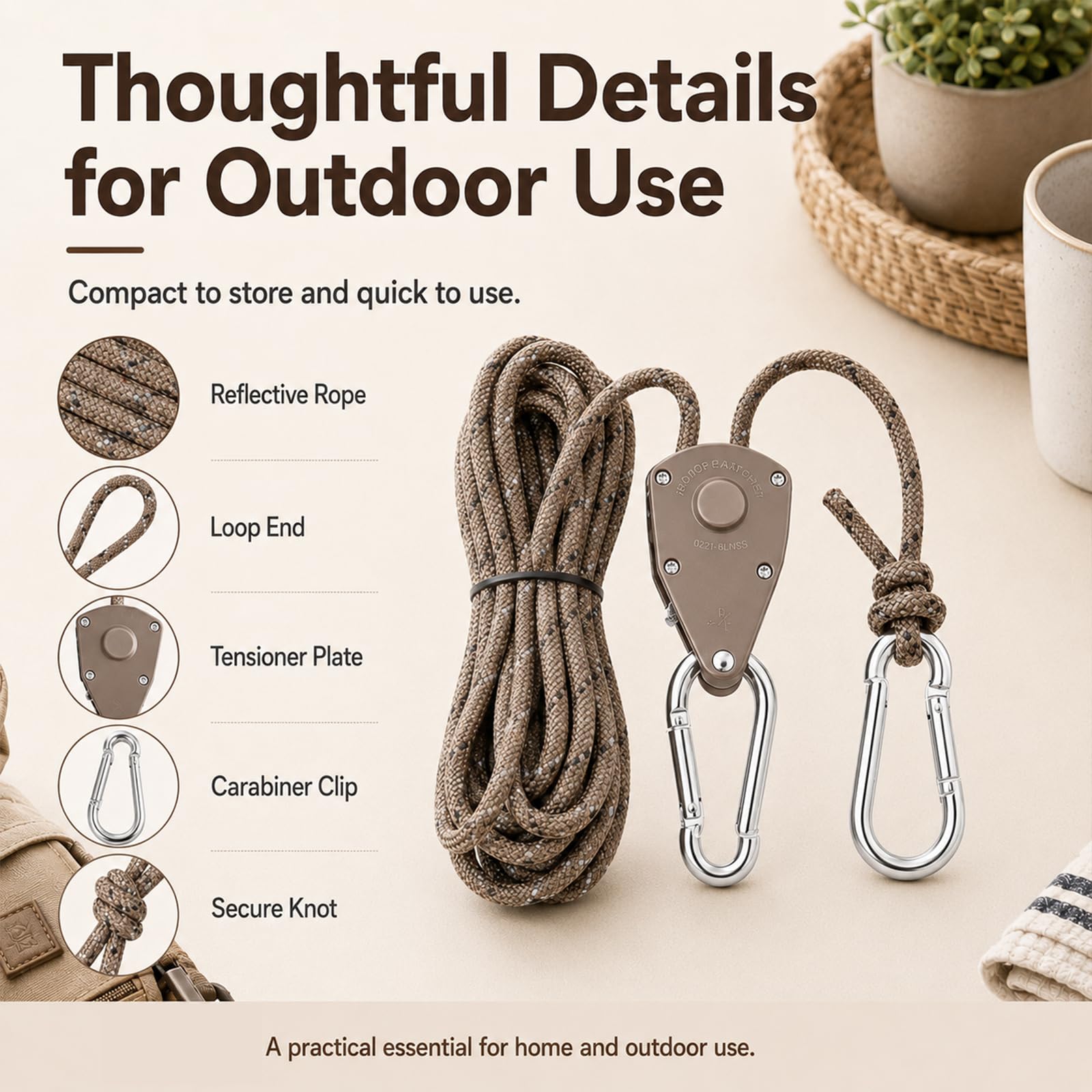 Corde pour auvent avec Crochet et tendeur, 4 m – Sangle à cliquet réfléchissante et réglable pour Lampes de Culture, voiles d'ombrage et auvents de Camping-Car