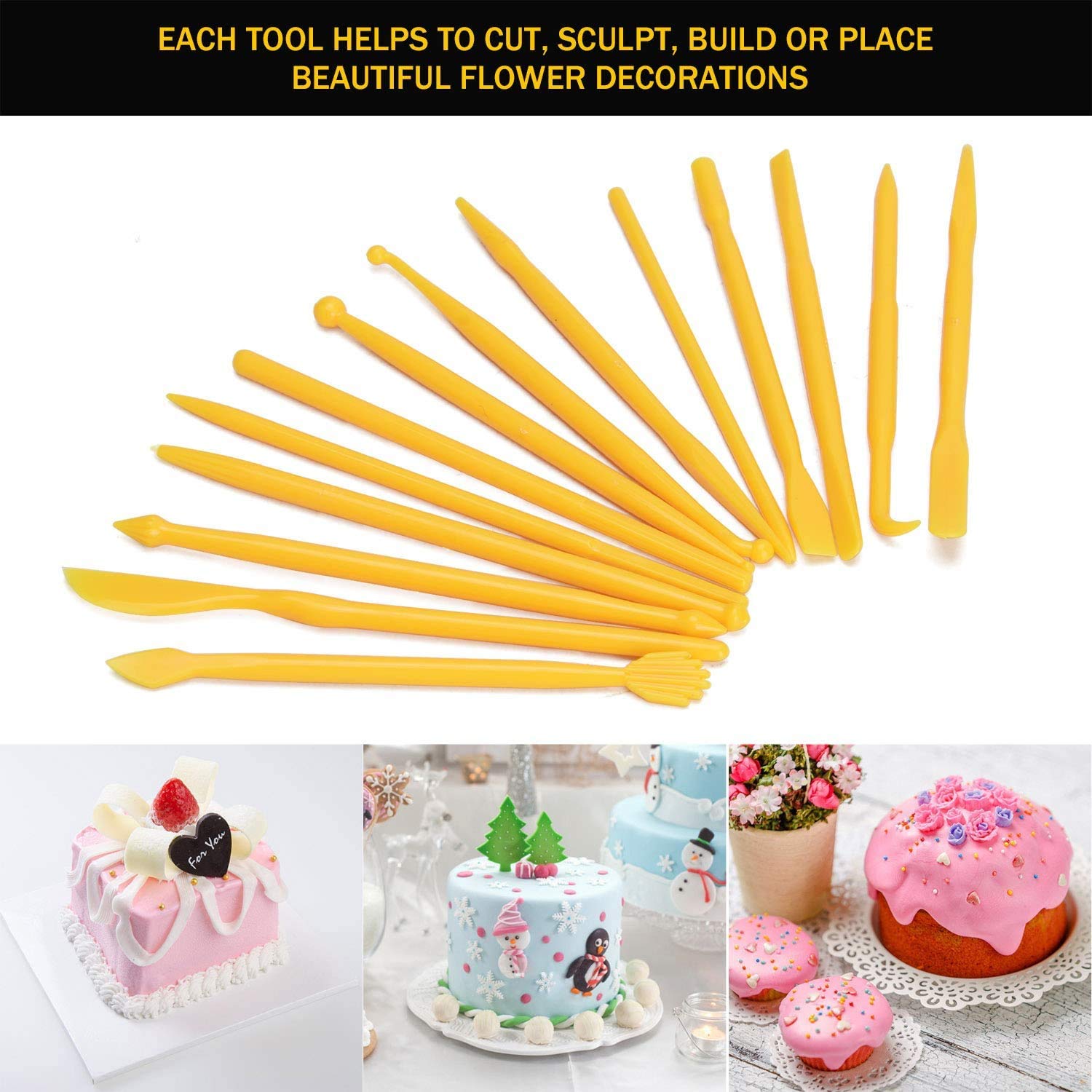 First Try 14 Pcs Cake Modeling Tools Set, Double Ended Fondant Rolling DIY Kit for Cake Shaping Sculpting Carving Tool Set 4