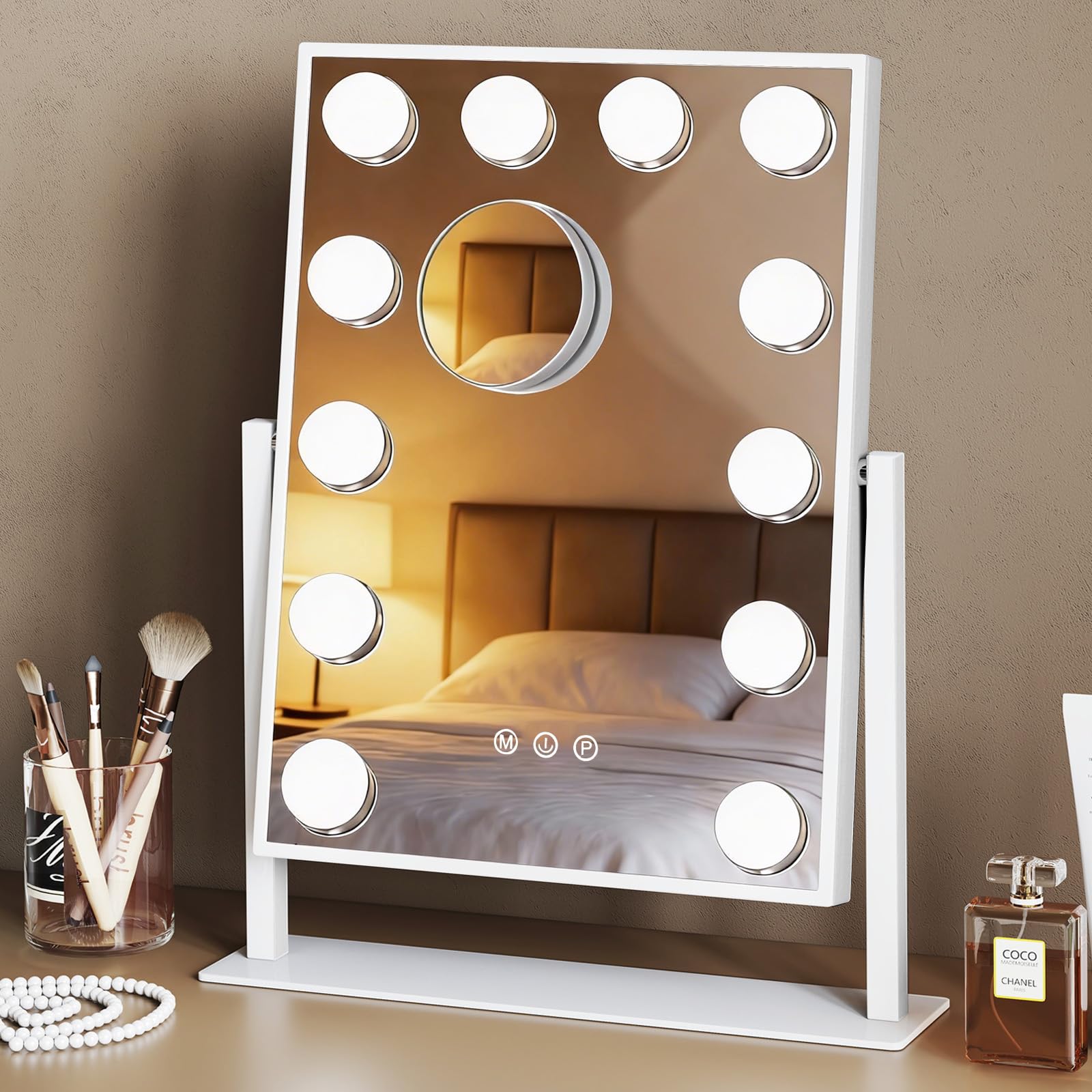 Emitto White Hollywood Vanity Mirror With Lights, 12 Dimmable Led Bulbs, 3 Colour Modes, 10X Magnifying Mirror, Touch Control Vanity Mirror With Lights, 360° Rotating Hollywood Mirror For Dressing Table