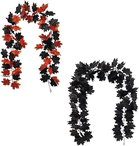 Miniatura 3 de Paquete de 2 guirnaldas de hojas de arce, enredaderas artificiales negras colgantes de hojas de otoño, guirnalda artificial de follaje otoñal para