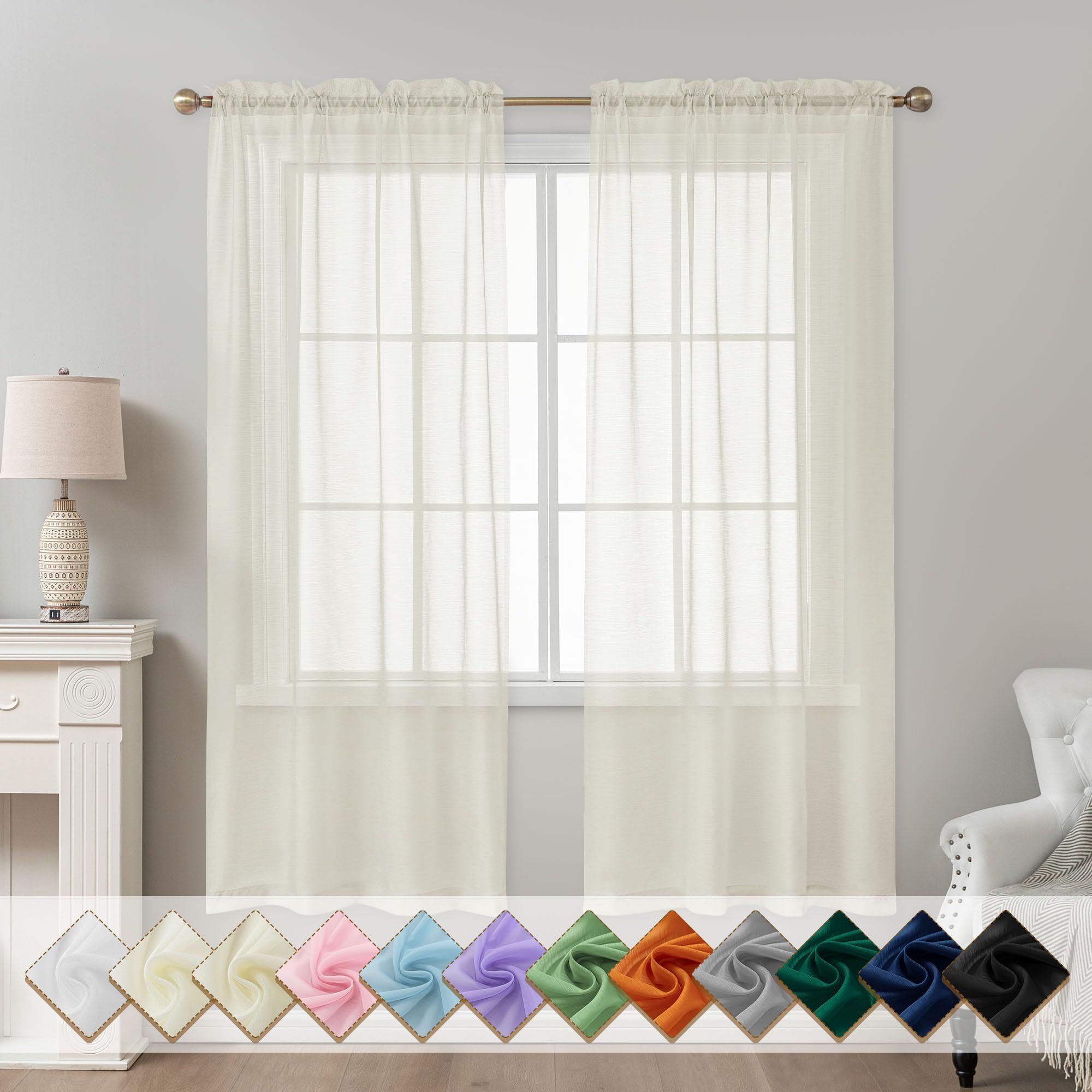 ABLUEN Ivory Sheer Curtains 72 Inches Long, Privacy Semi Sheer Curtains for Living Room Bedroom, Light Filtering Rod Pocket Voile Window Drapes 2