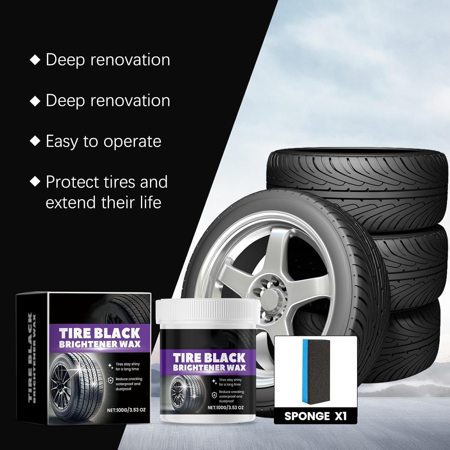 Tire Shine Wax Coating Paste, Car Tire Black Shine with Conditioners, Resists Water & Sunshine Fading, Tire Cleaner with Applicators for Cars, Trucks, Motorcycles, 3.53 Oz - Image 5