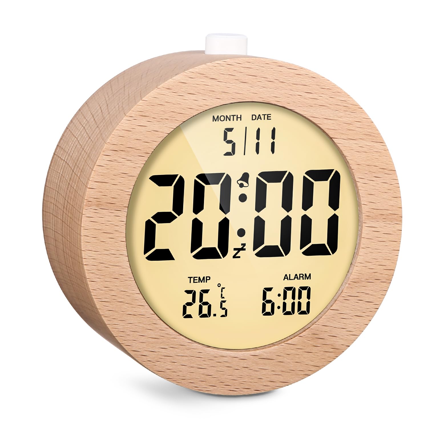 Yulado Wood Digital Alarm Clock, Radio-Controlled, Table Clock, Round Lcd, With Date, Temperature, Backlight, Snooze, Travel Alarm Clock, Battery