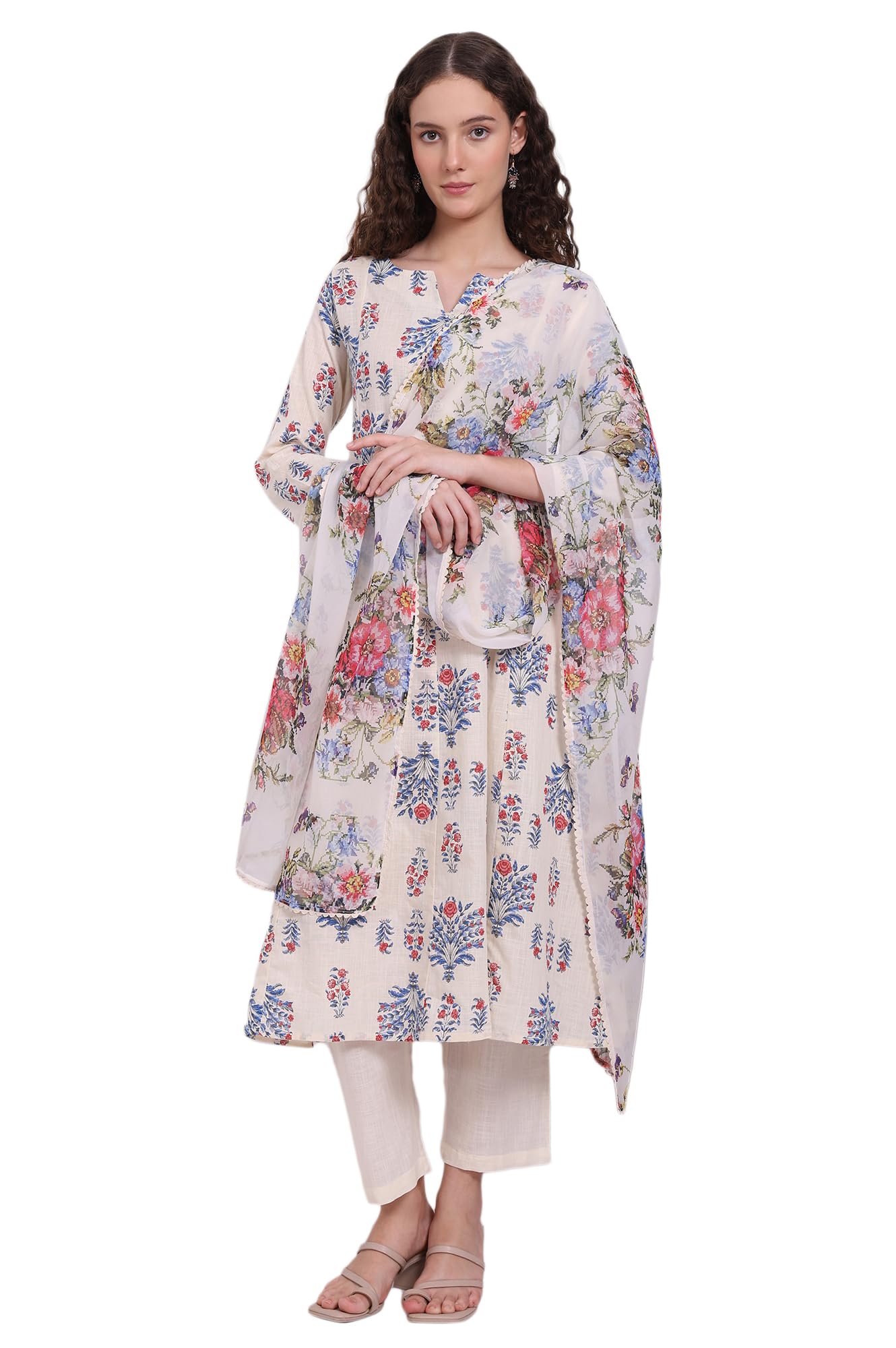 w for woman White Floral Printed Chiffon Dupatta with Lace-picture-24