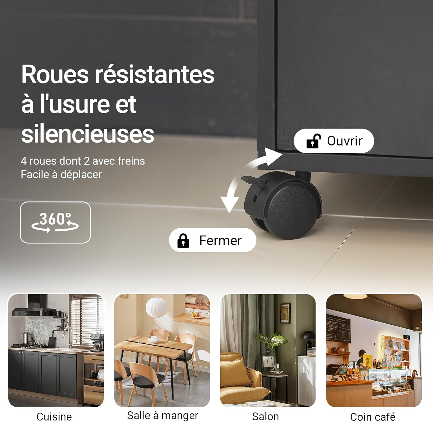 Close-up of a caster wheel with a locking mechanism, showing the 'open' and 'close' positions.