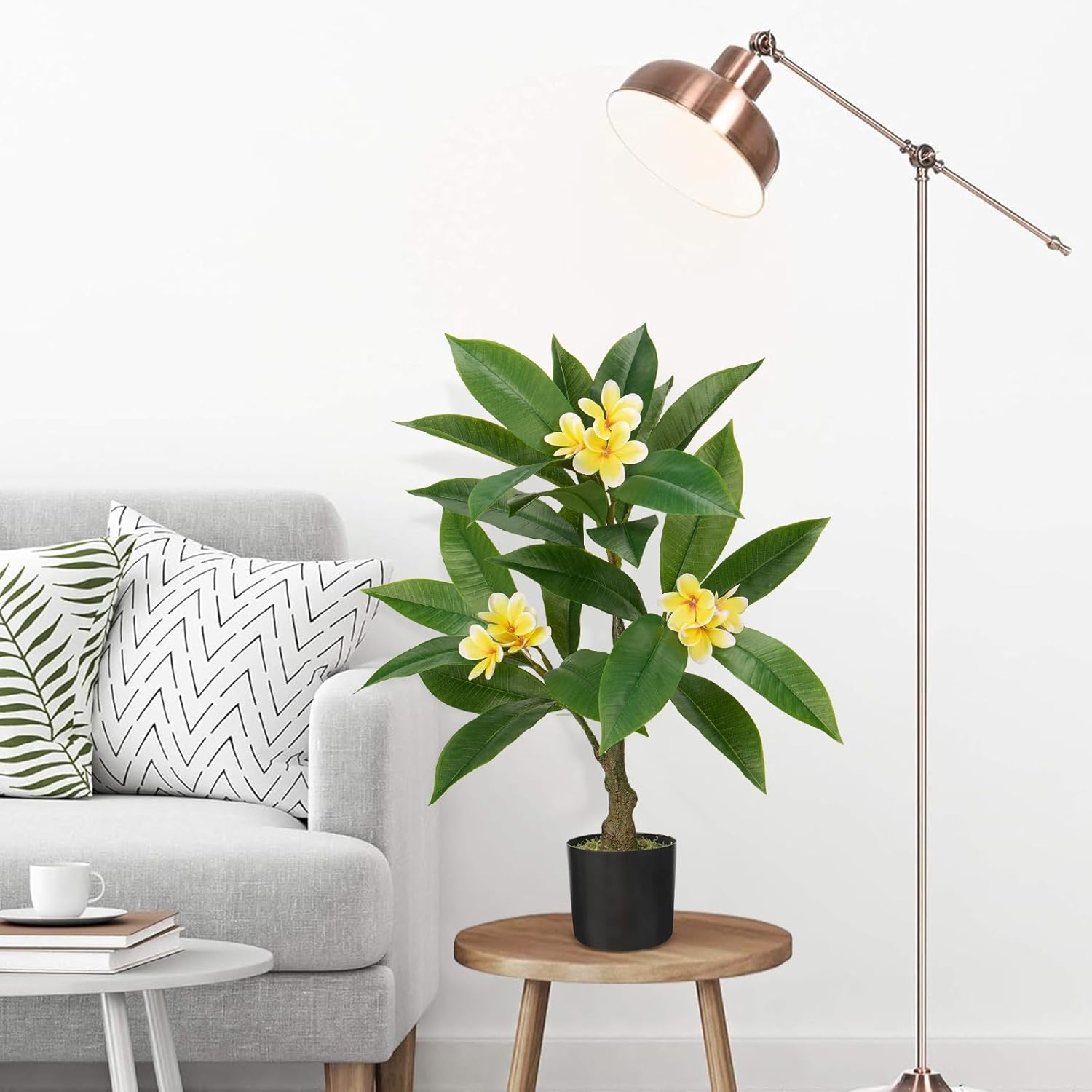 Briful Artificial Plants Indoor 26.77'' Fake Tropical Plumeria Flowers Tree Plants in Black Pot, Hawaiian Yellow Plumeria Faux Frangipani Tree Floor Plant for Home Office Wedding Decor