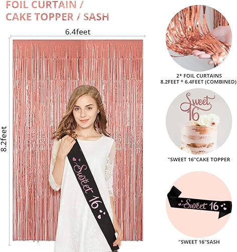 Miniatura 4 de Decoraciones de cumpleaños de 16 años con guirnalda de arco de globos, telón de fondo y accesorios para cabina de fotos, decoraciones de oro rosa,