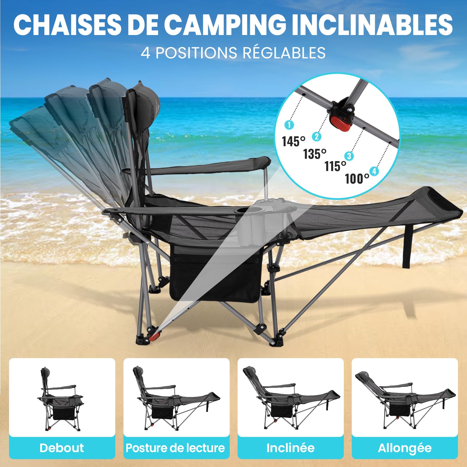 #WEJOY chaise de camping 2 en 1 pliable 180 kg avec repose-pieds, dossier réglable en 4 positions, fauteuil de relaxation, extérieur, gris/noir